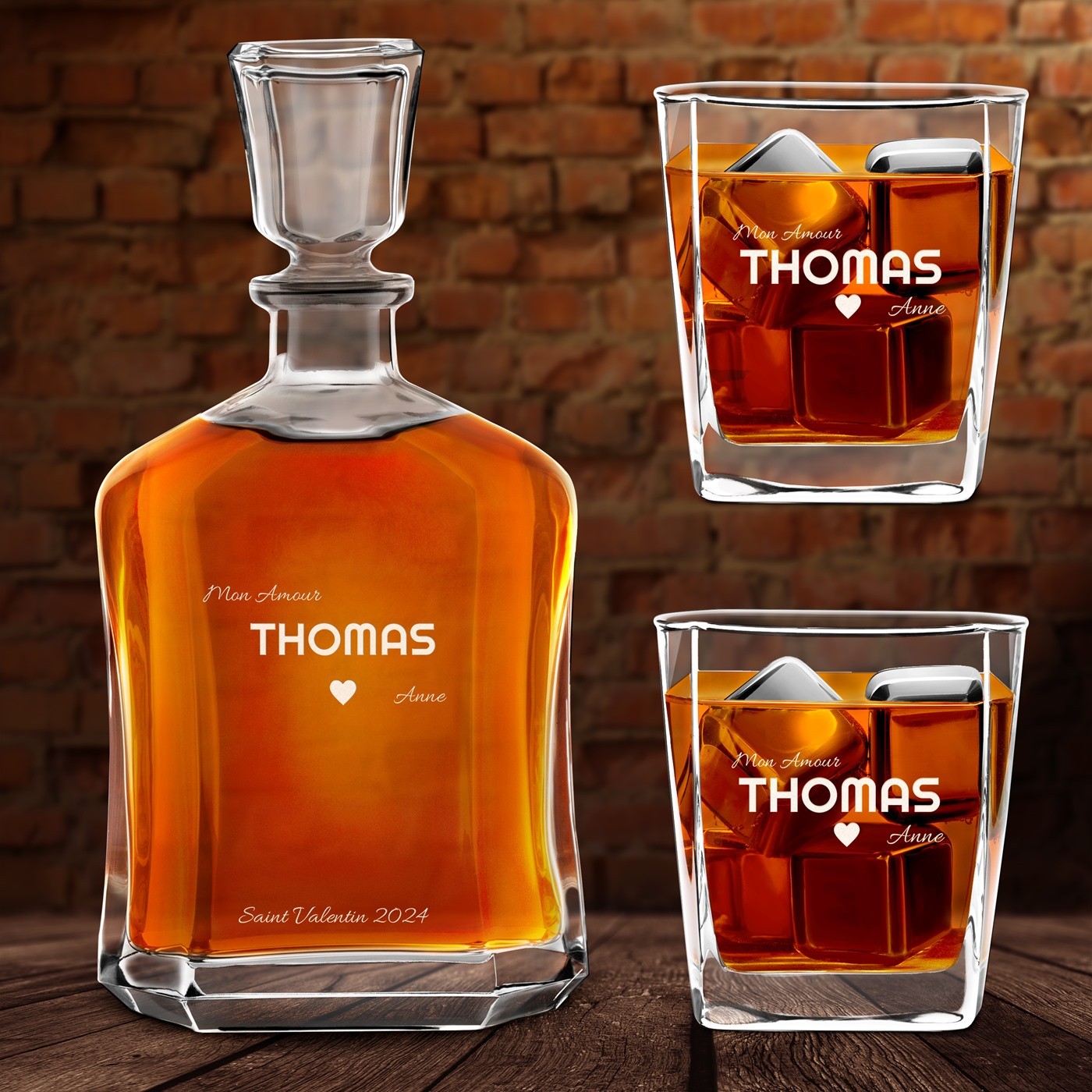 Set de decantador de whisky Murrano con grabado personalizado para el Día de San Valentín