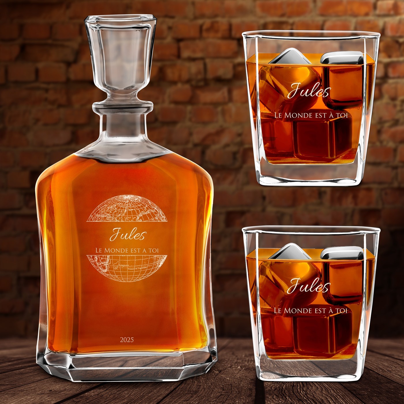Set de decantador y vasos de whisky Murrano con grabado personalizado para un hombre elegante