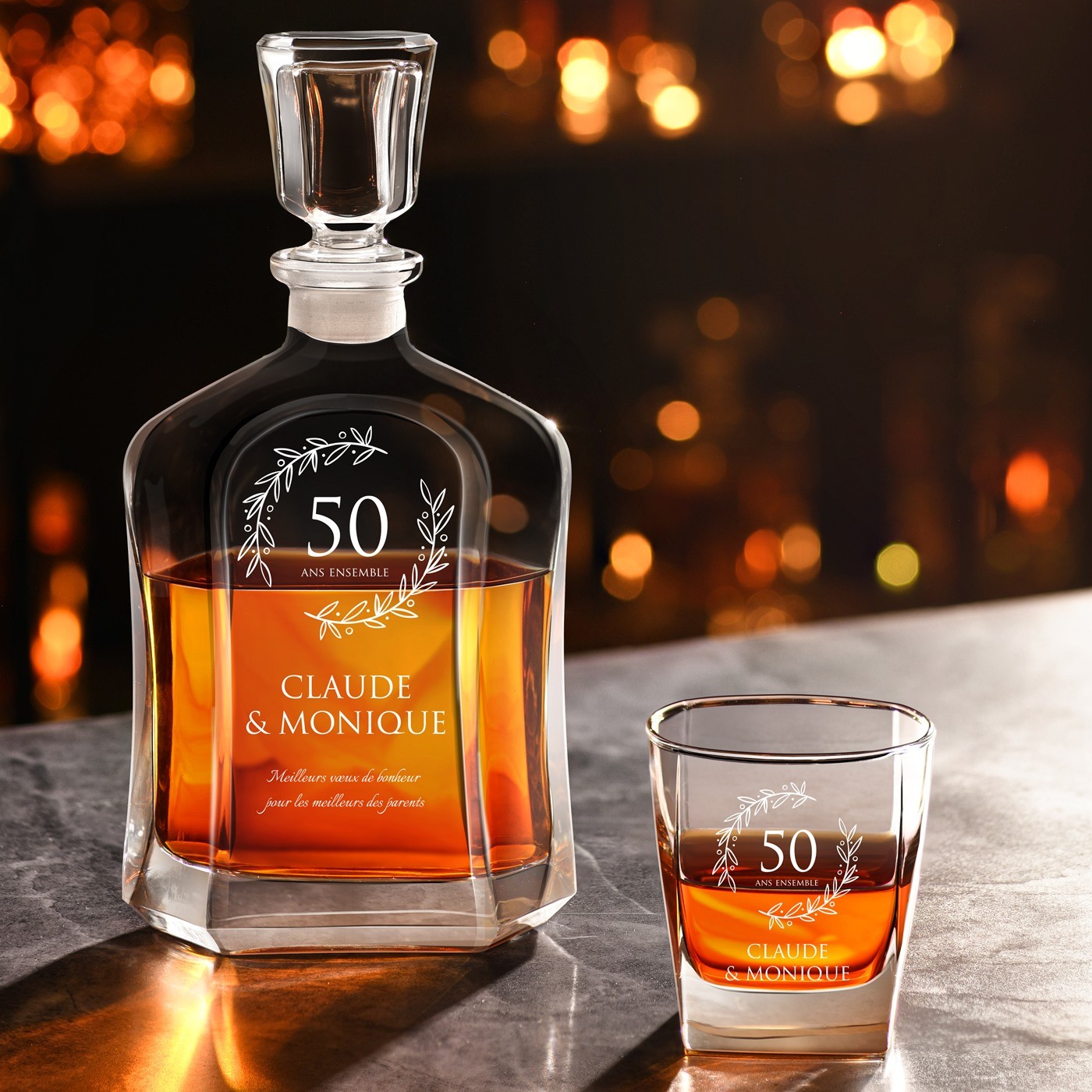 Set de vasos de whisky Murrano con grabado personalizado para el 50º aniversario de boda