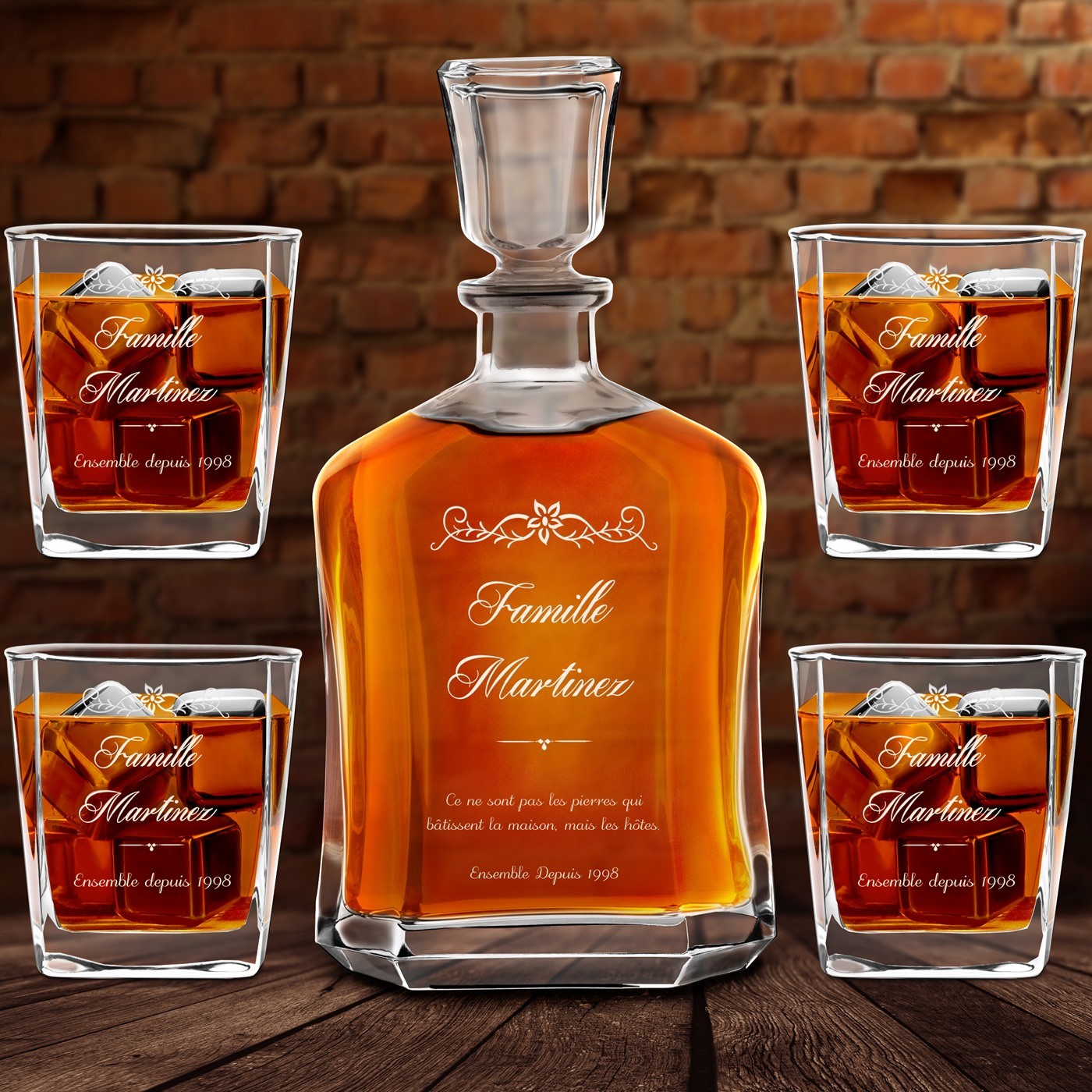 Set de decantador de whisky Murrano con grabado personalizado para aniversario de boda