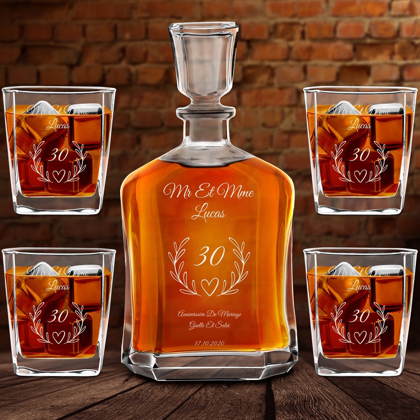 Set decantador de whisky Murrano con grabado para aniversario de boda