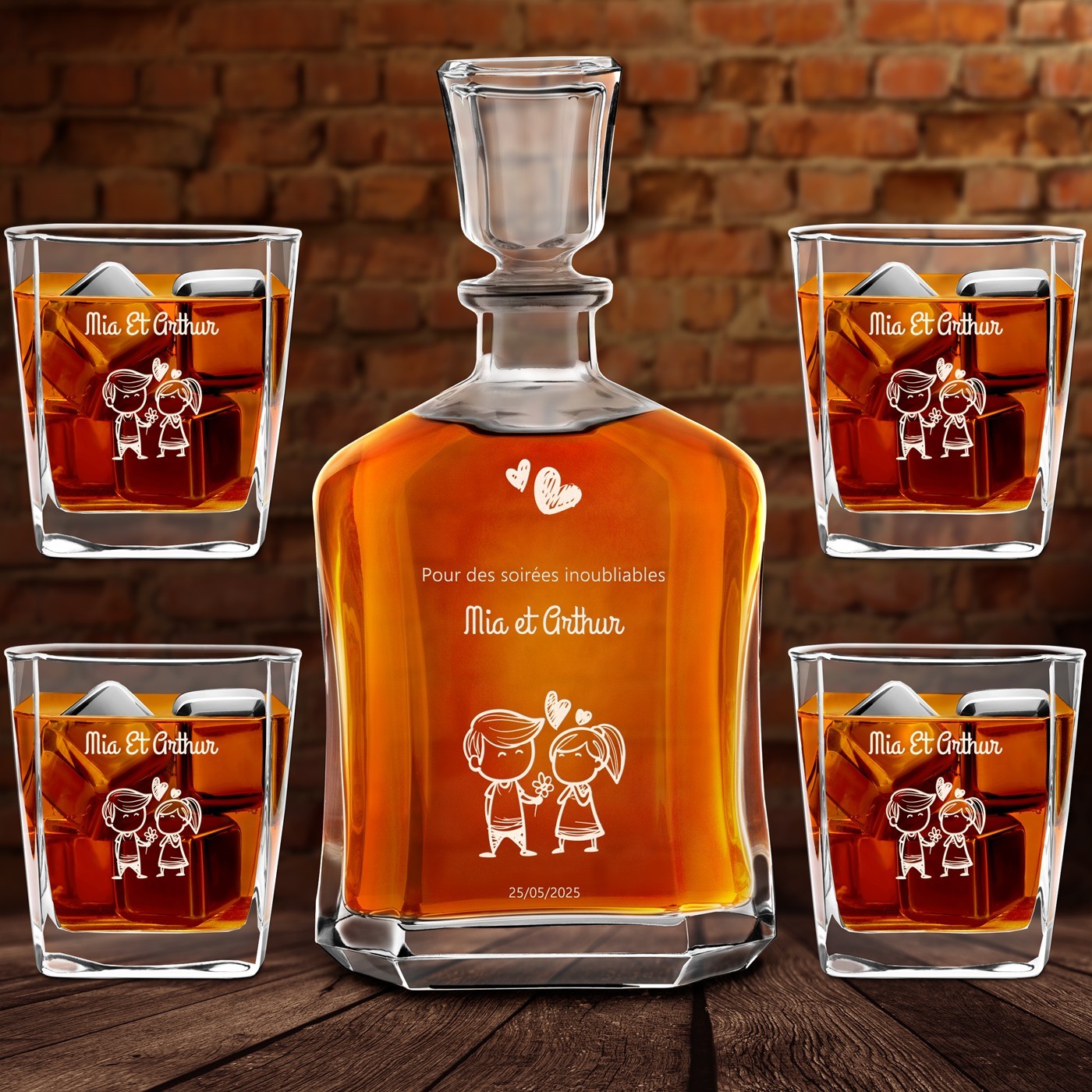 Set de vasos de whisky Murrano con grabado personalizado para parejas