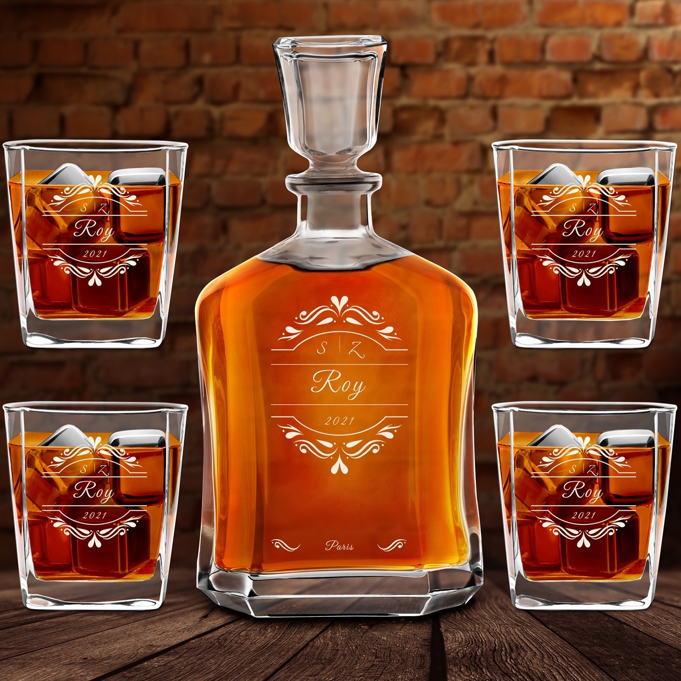 Set de decantador de whisky Murrano con 4 vasos personalizados para parejas