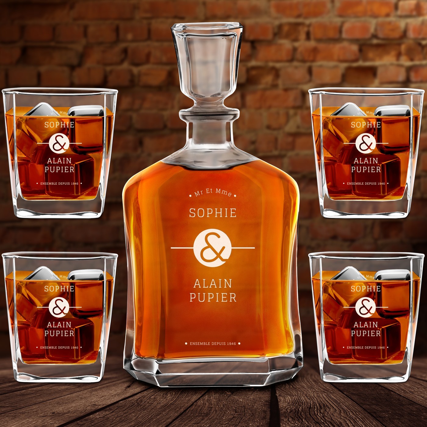 Set de decantador de whisky Murrano con grabado para pareja
