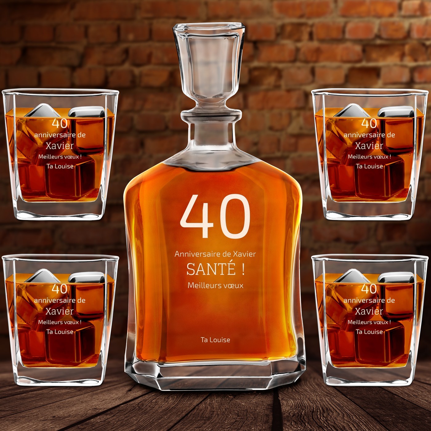 Set de decantador de whisky Murrano con grabado personalizado para cumpleaños número 40
