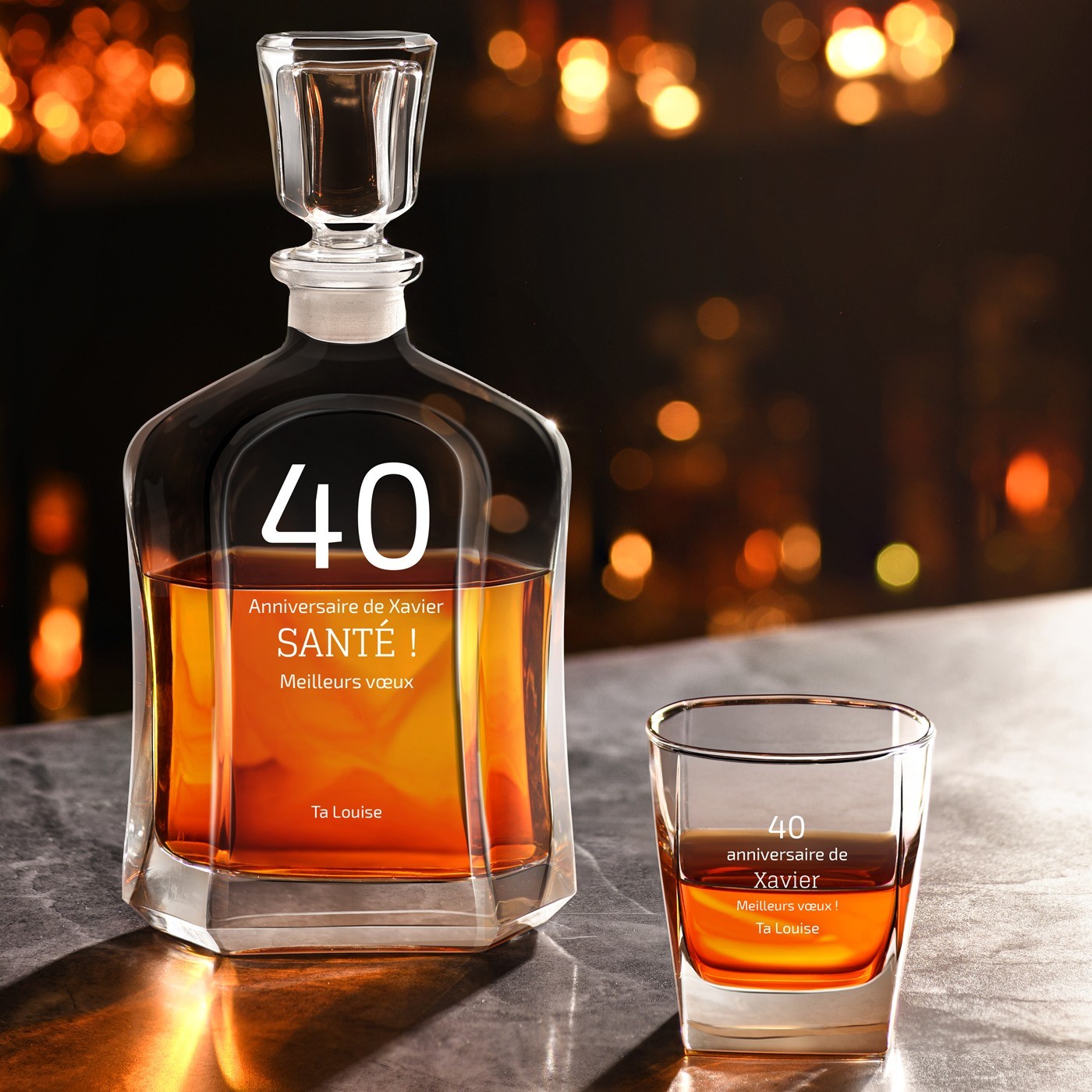 Set de decantador de whisky Murrano con grabado personalizado para cumpleaños número 40