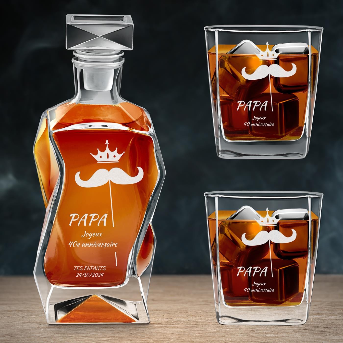 Ensemble Murrano Carafe Courbe et 2 Verres avec Gravure au Laser pour Papa 40 ans