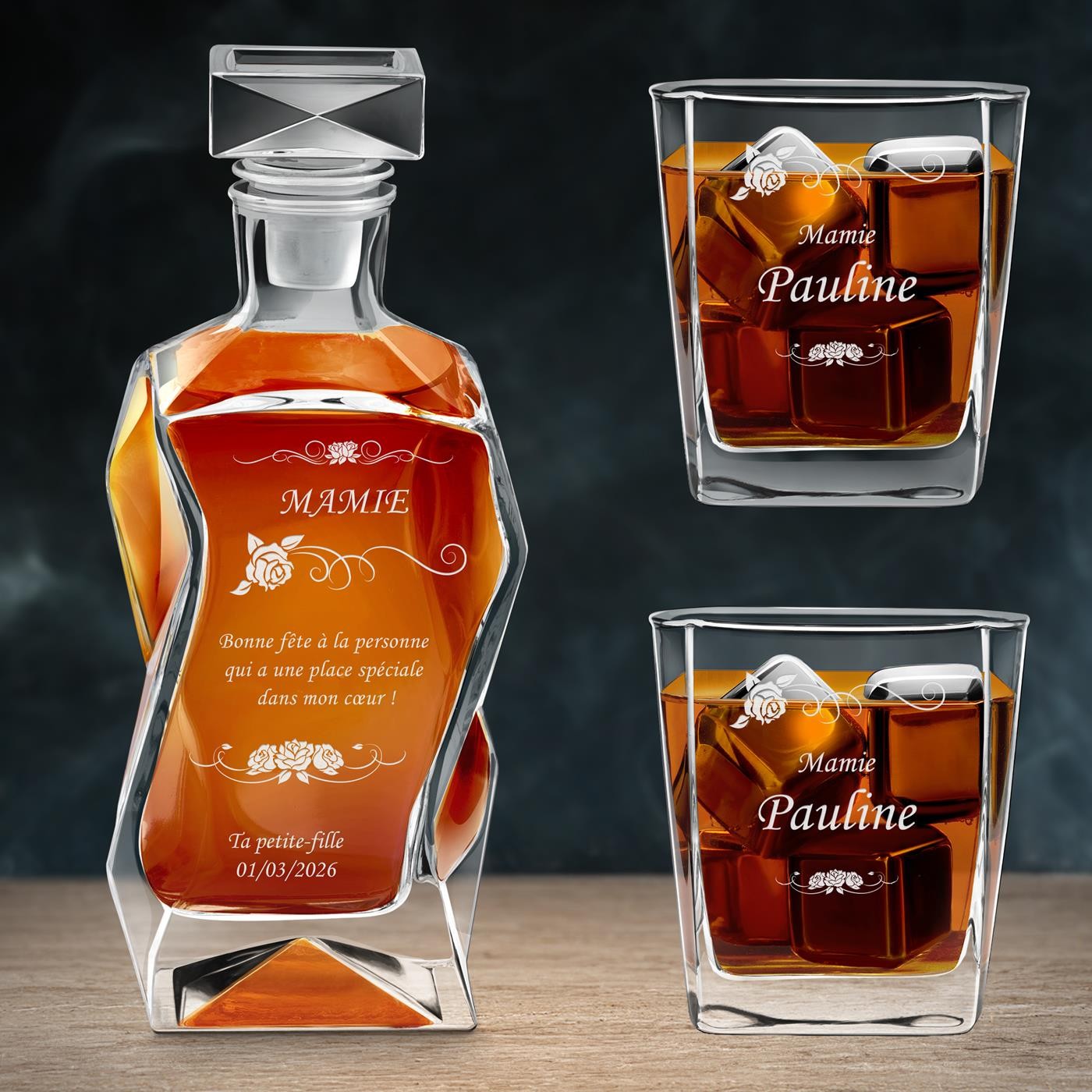 Set de decantador curvo Murrano con 2 vasos y grabado para la abuela