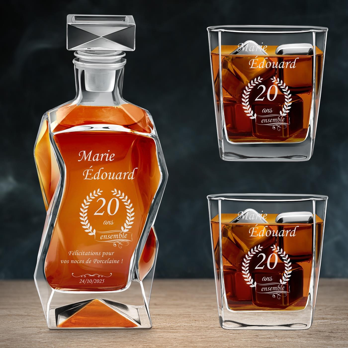 Set de jarra curva Murrano con 2 vasos y grabado láser para el 20º aniversario de boda