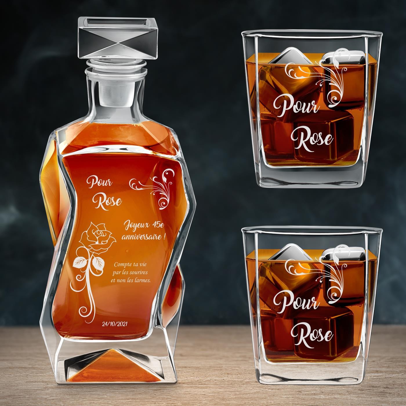 Set de jarra curva Murrano con 2 vasos y grabado para el cumpleaños número 45 de mamá