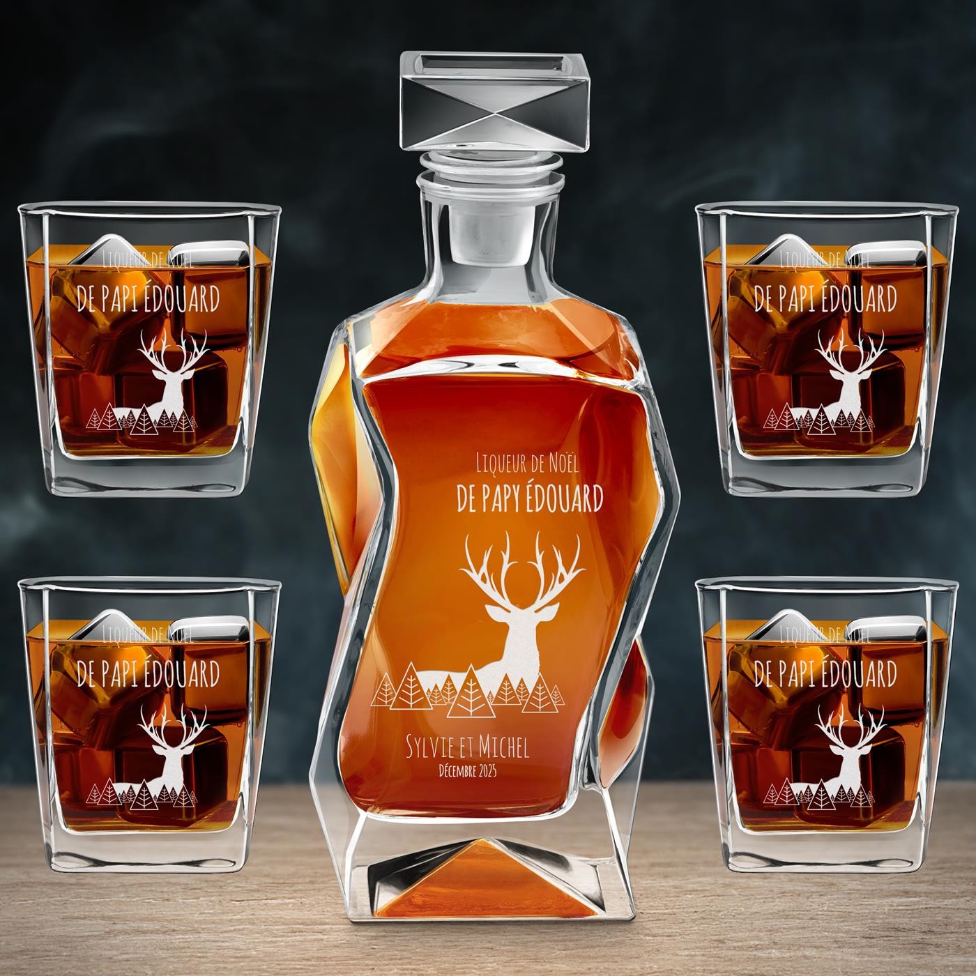 Set de decantador curvo Murrano y 4 vasos grabados para el abuelo por Navidad