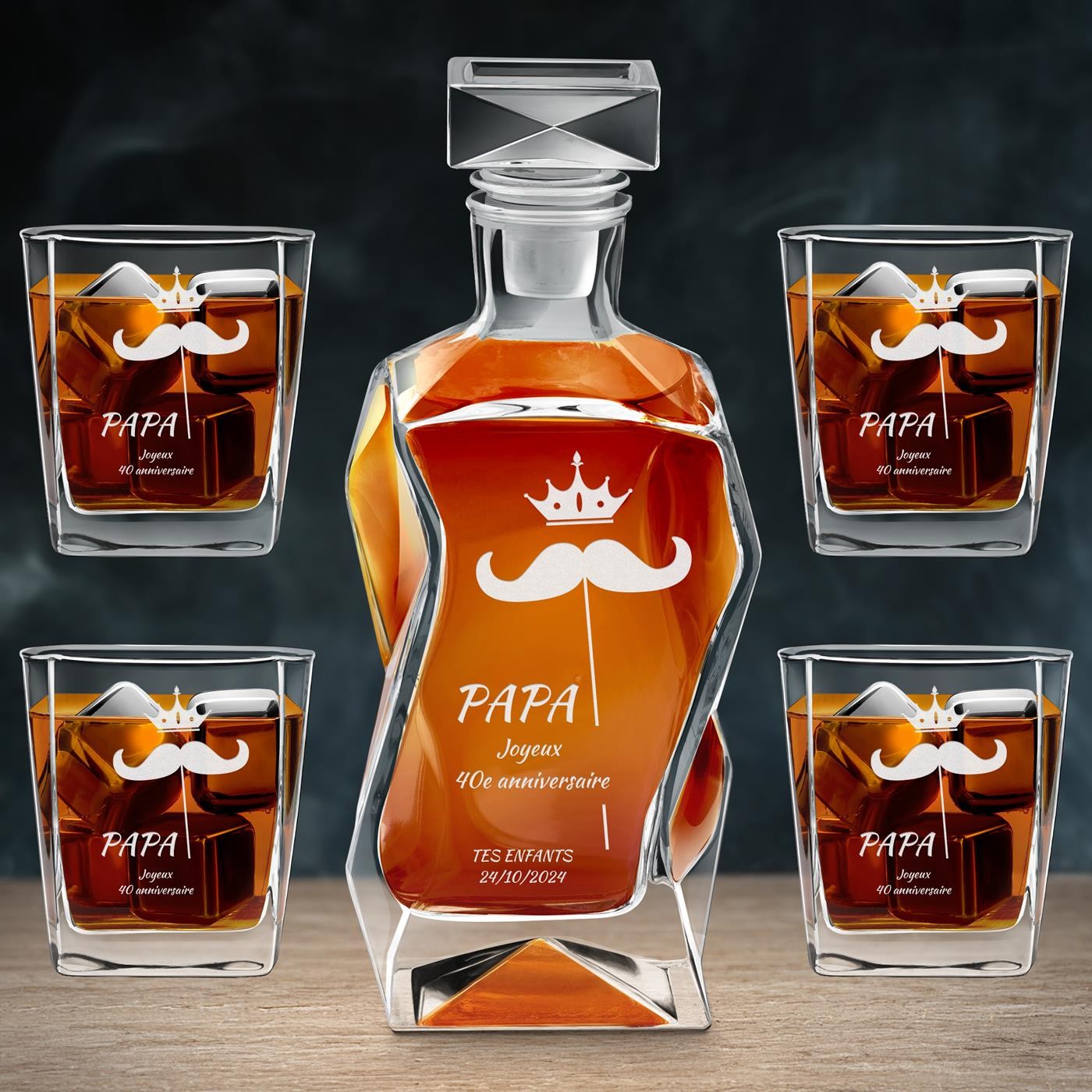 Set de decantador curvo Murrano y 4 vasos con grabado para el cumpleaños número 40 de papá