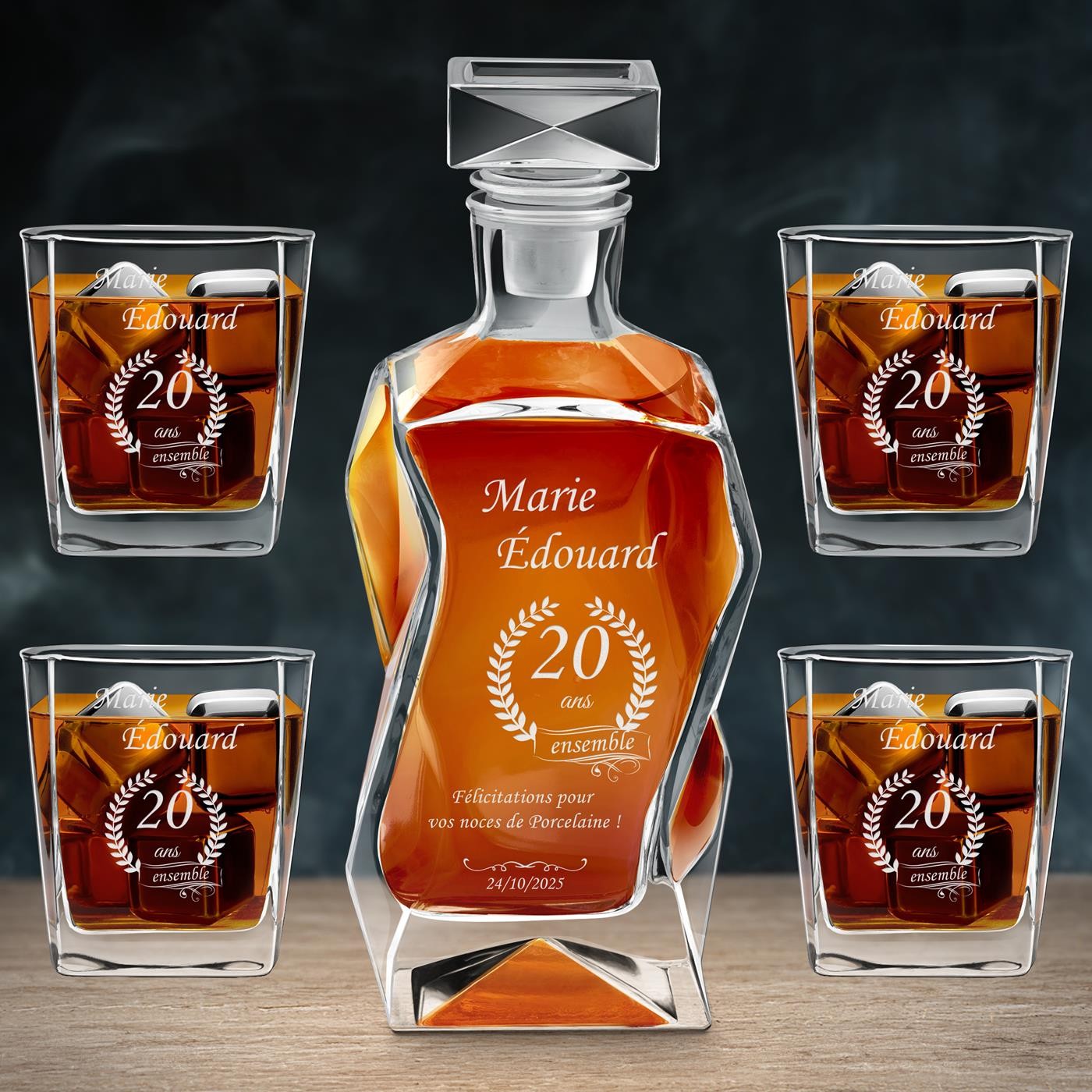 Juego de decantador curvo Murrano y 4 vasos con grabado para el 20º aniversario de boda