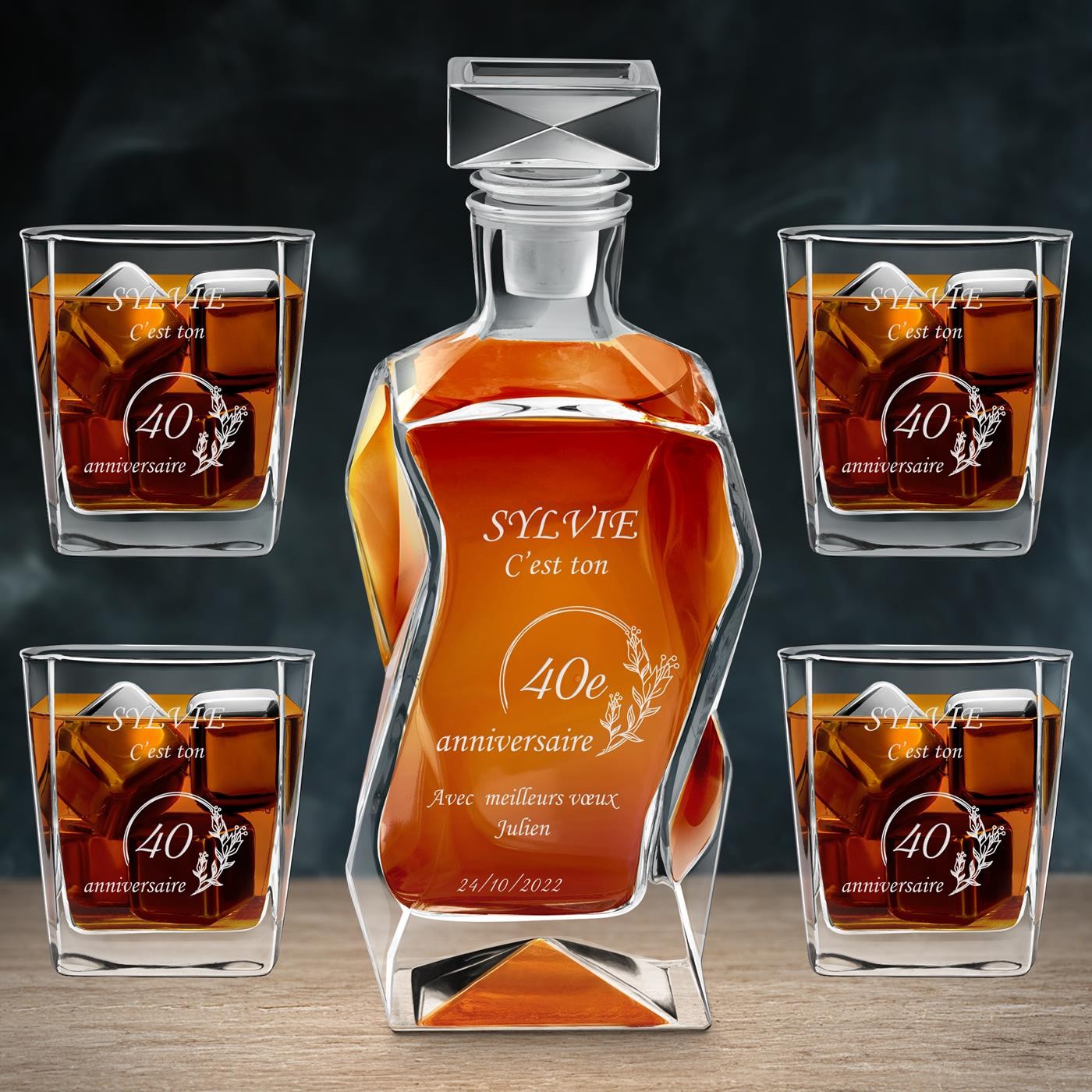 Set de pichera curva y vasos Murrano con grabado láser para su 40º cumpleaños