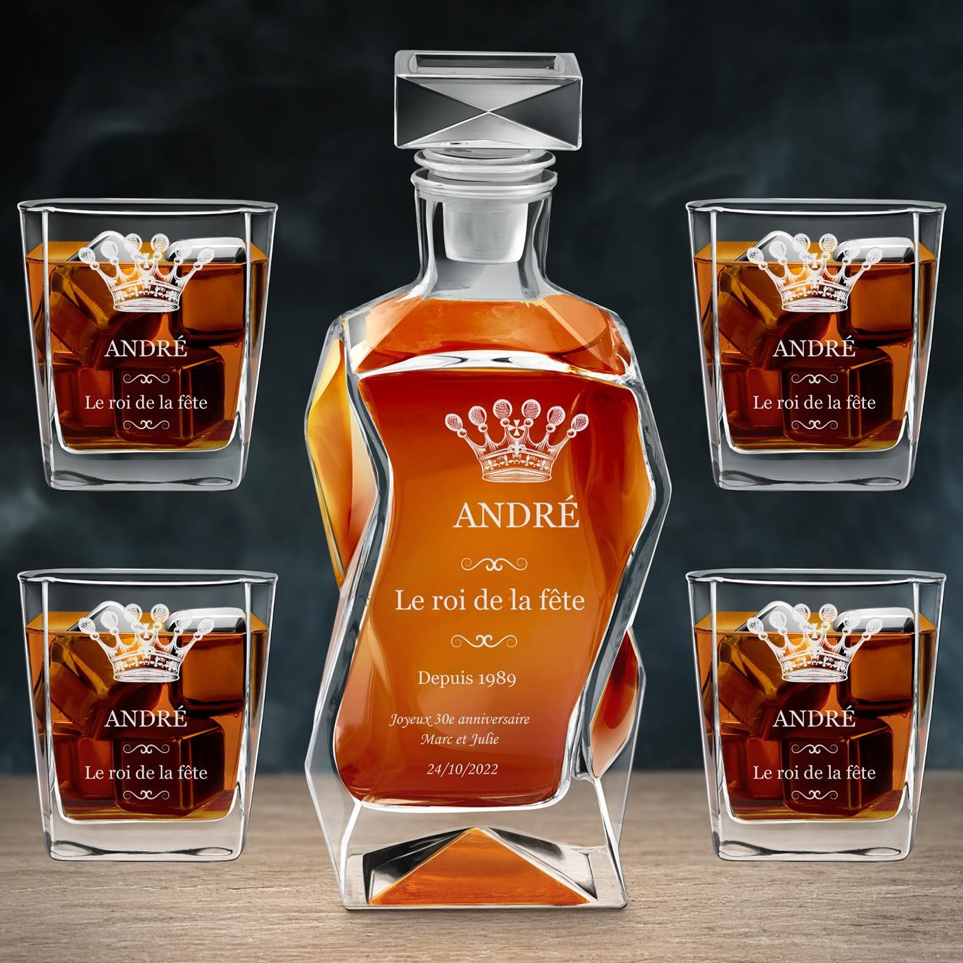 Set de jarra curva y vasos Murrano con grabado para hombre - 30º cumpleaños