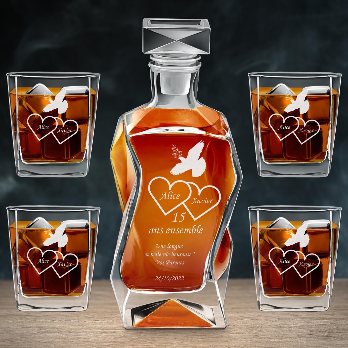 Juego de jarra curva Murrano y vasos con grabado para el 15º aniversario de boda