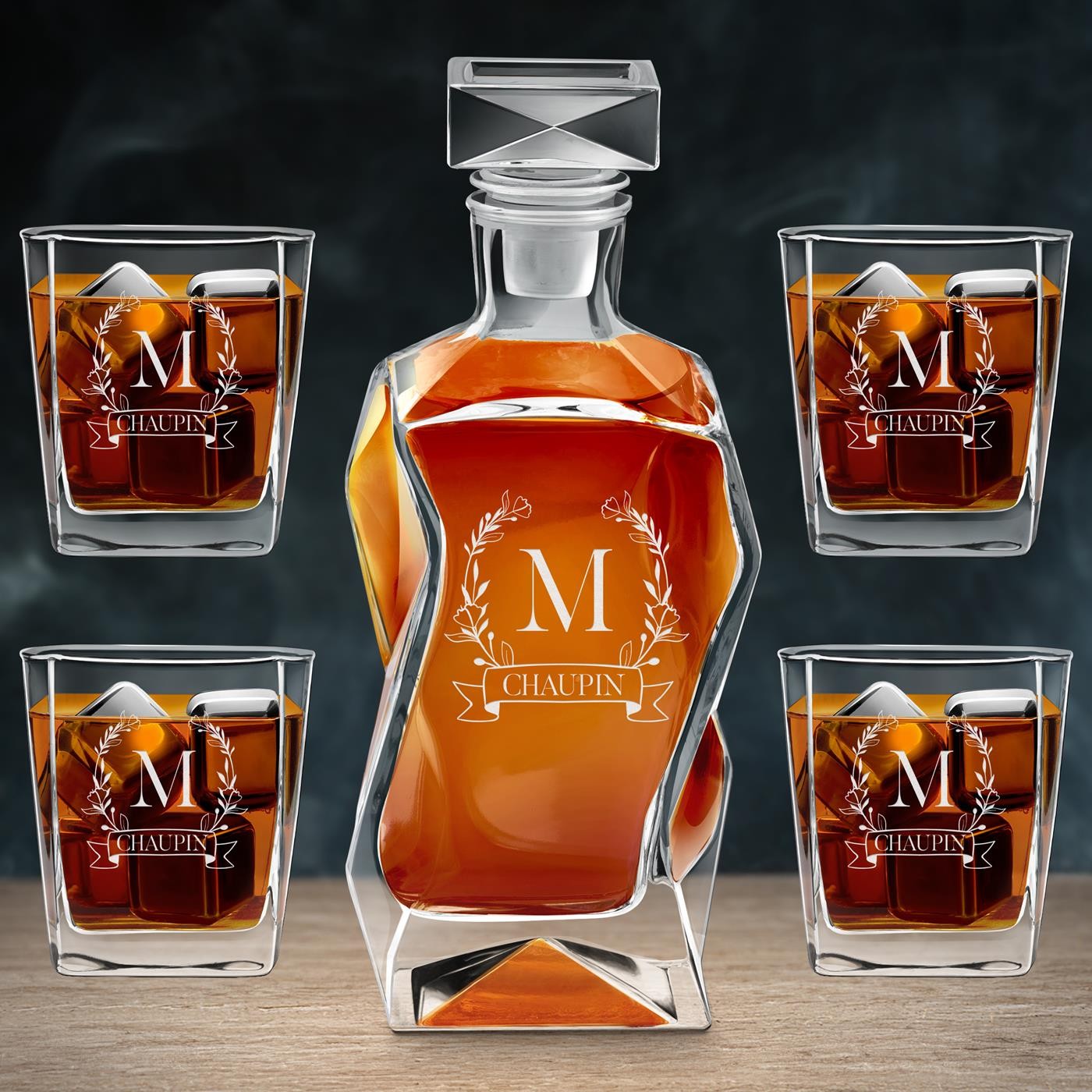 Murrano Curve Jug Set and 4 Glasses with Engraved Initial for Her or Him