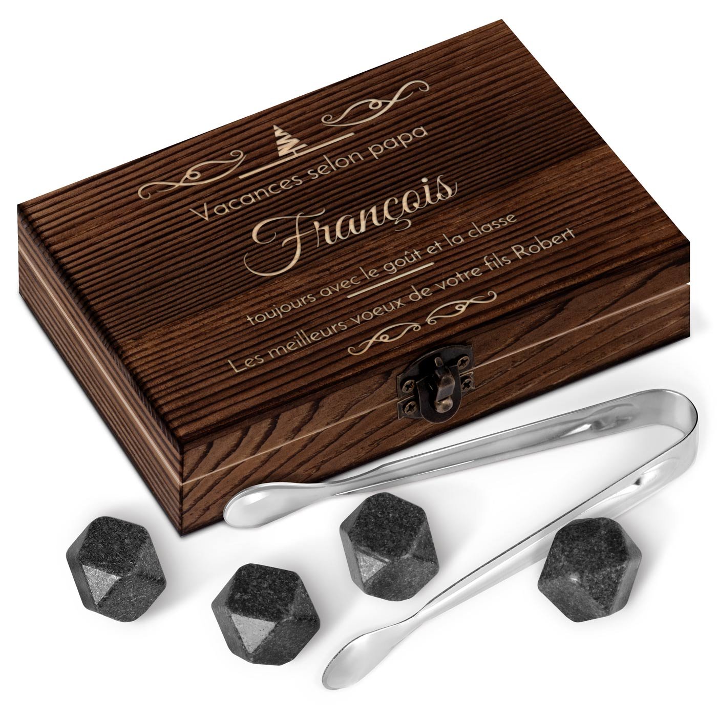 Murrano Whisky Stones Set in Wood Box with Engraving