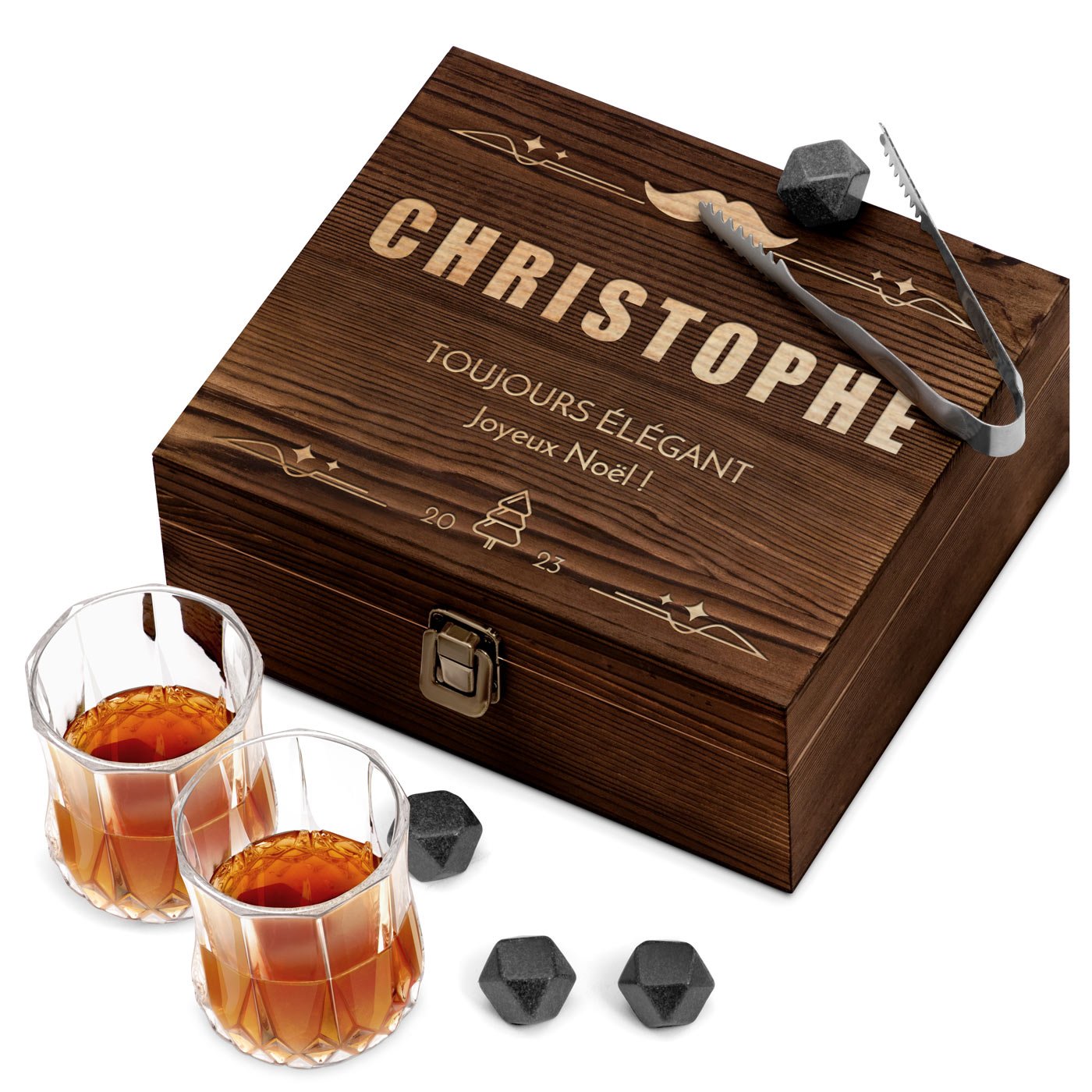 Murrano Whisky Stone Set with 2 Glasses in a Customized Wood Box for Friends at Christmas