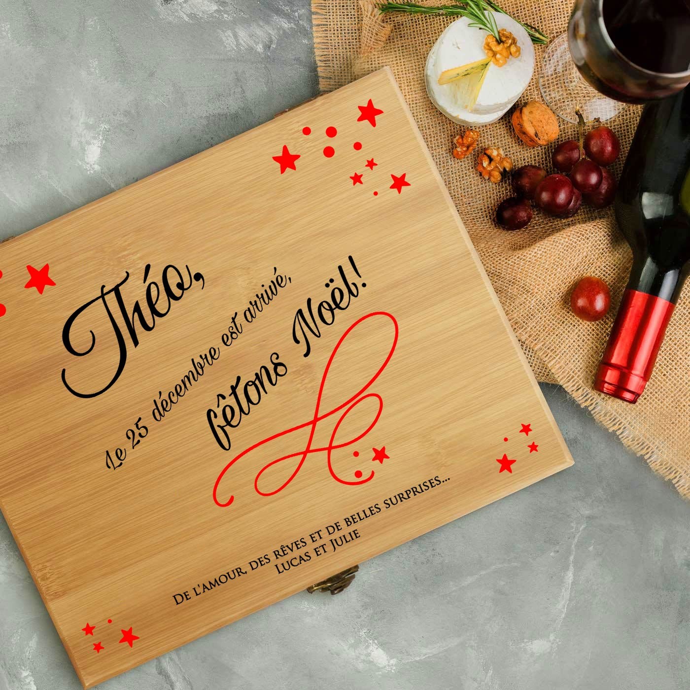 Murrano Wine Accessory Set with Bamboo Wood Box - Personalized Gift for Him