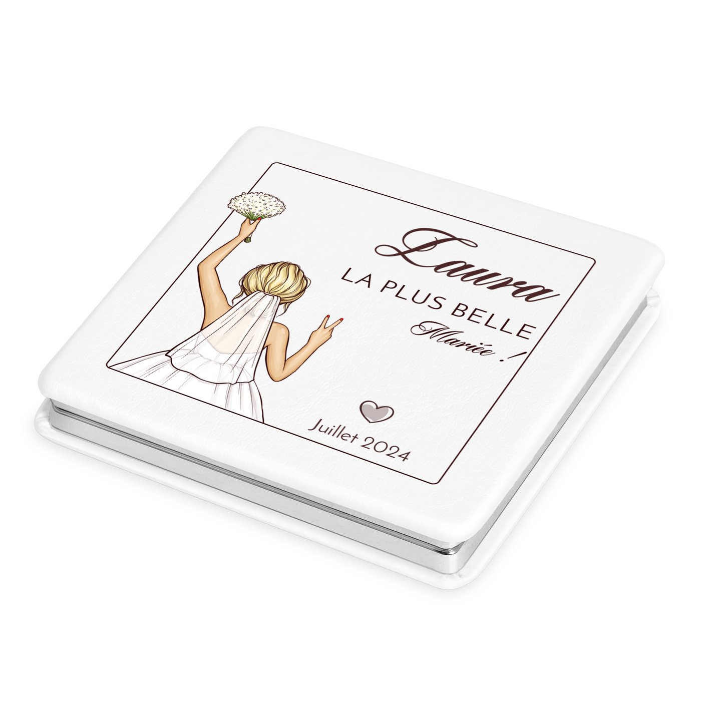 Espejo de bols cuadrado Murrano - Blanco con impresión personalizada para una novia