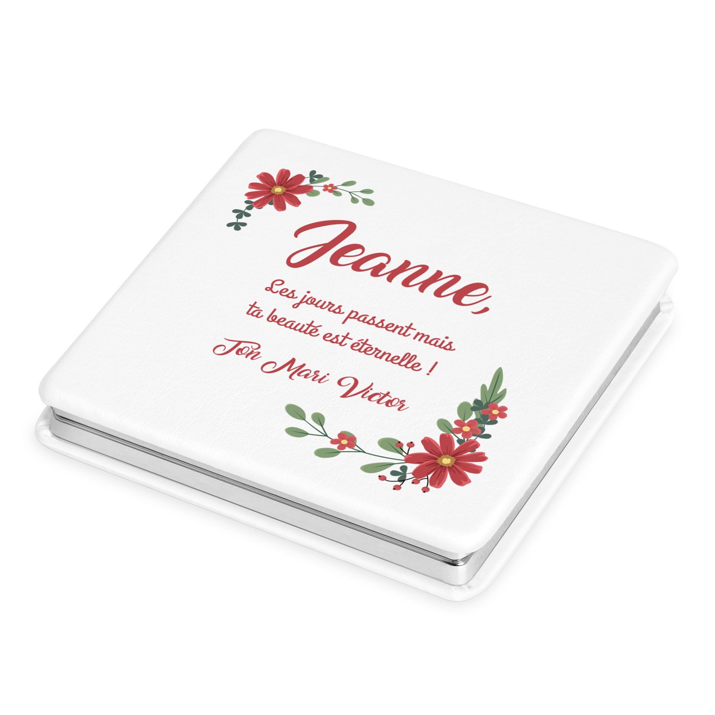 Espejo de bolsillo cuadrado blanco con impresión personalizada de Murrano para mujeres - Regalo de aniversario de boda