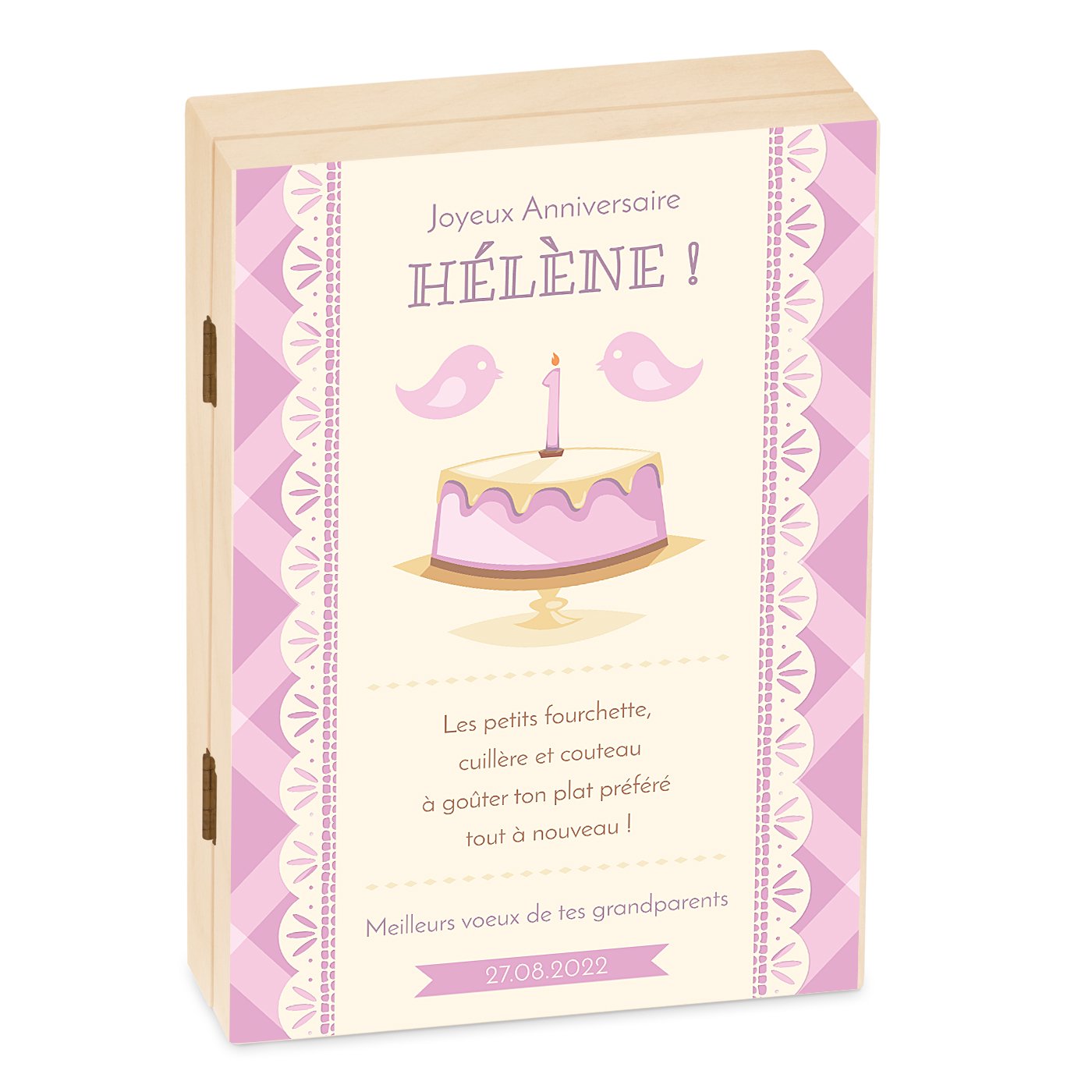 Murrano Personalized Children's Cutlery Set in Wood Box - Girl, 1 Year Old