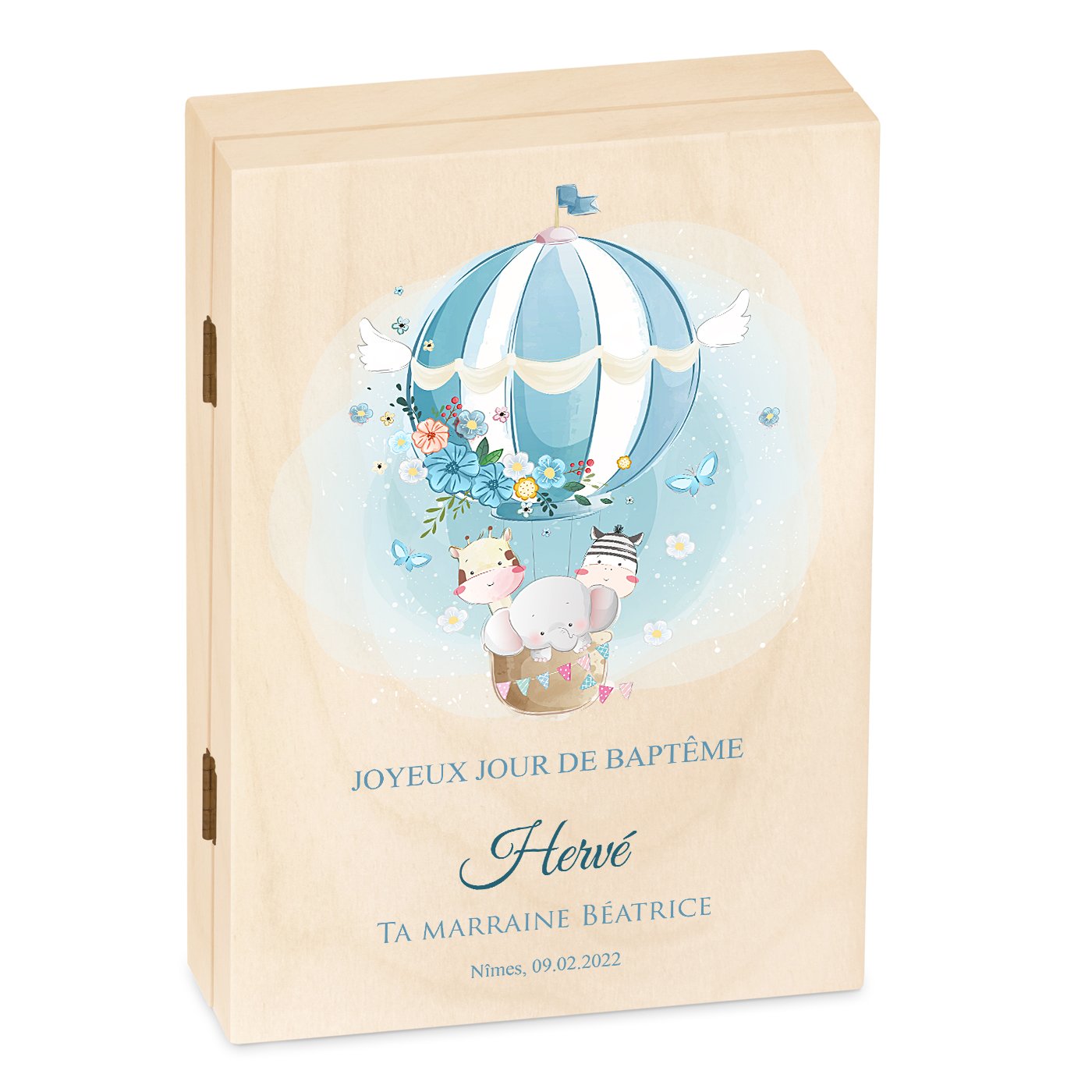 Murrano Customized Children's Cutlery Set in Wood Box, Boy Baptism Print