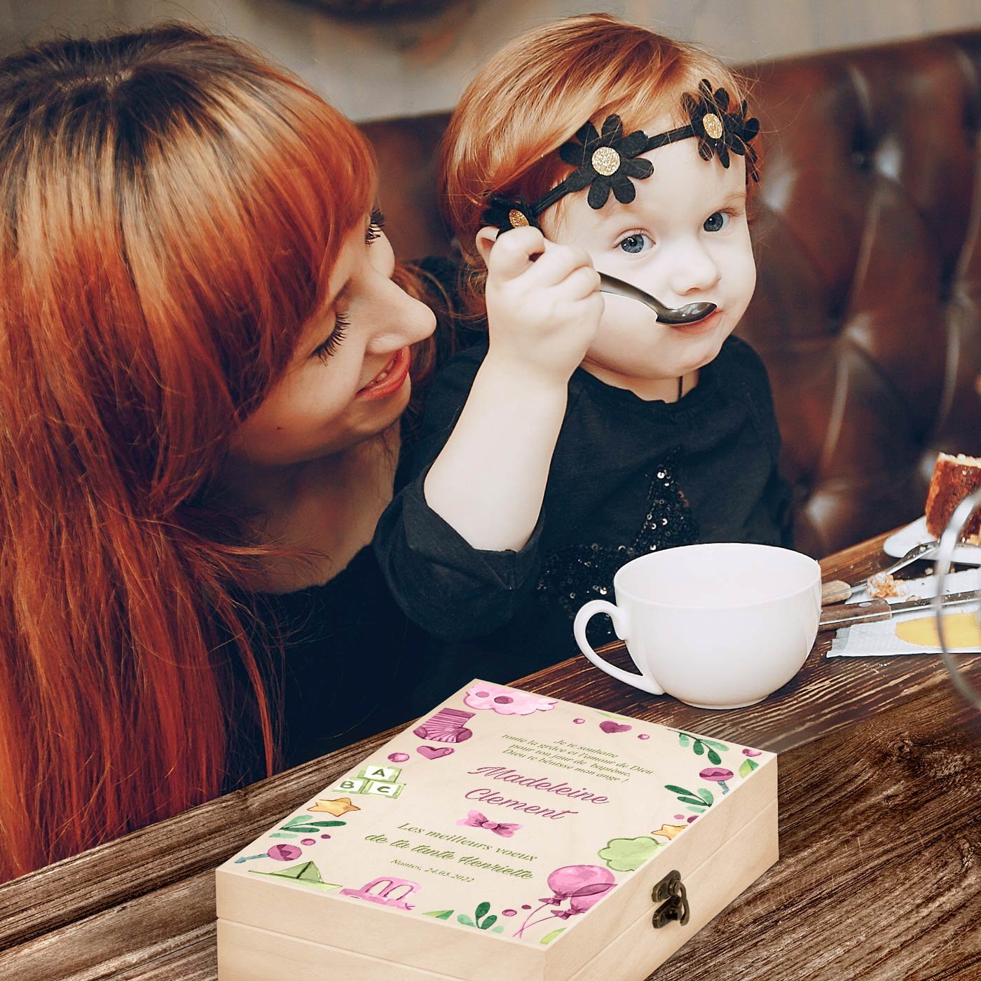 Murrano Customized Children's Cutlery Set in Wood Box, Christening Gift for Girl