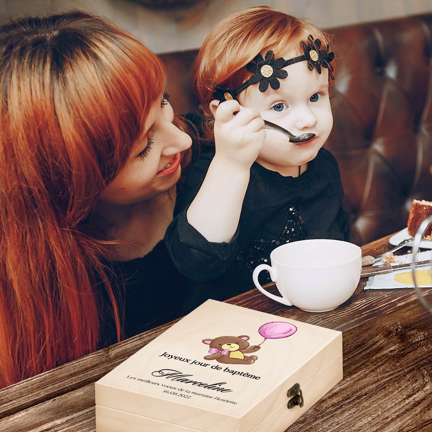 Set de cubiertos para niños Murrano con estuche de madera y estampado de oso para bautizo