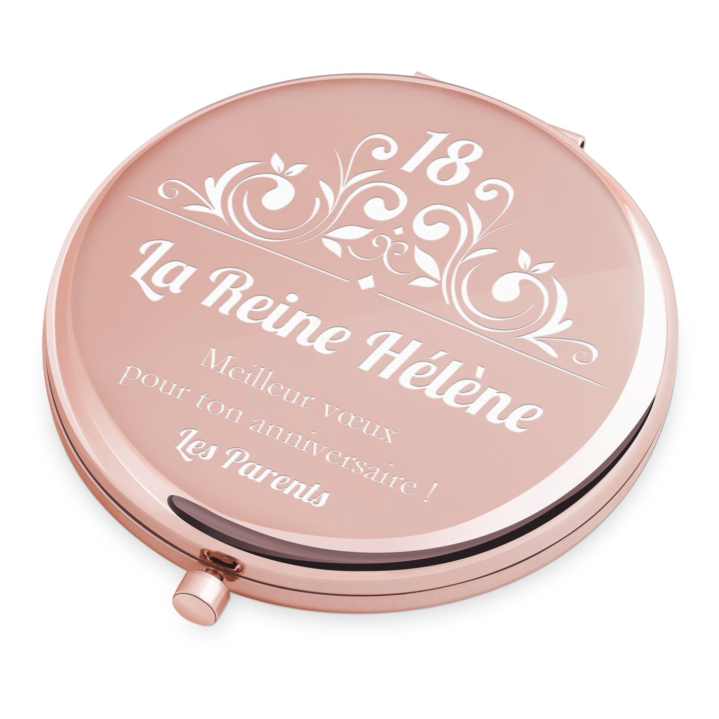 Espejo de mano personalizado redondo Murrano en oro rosa para el cumpleaños número 18 de una niña