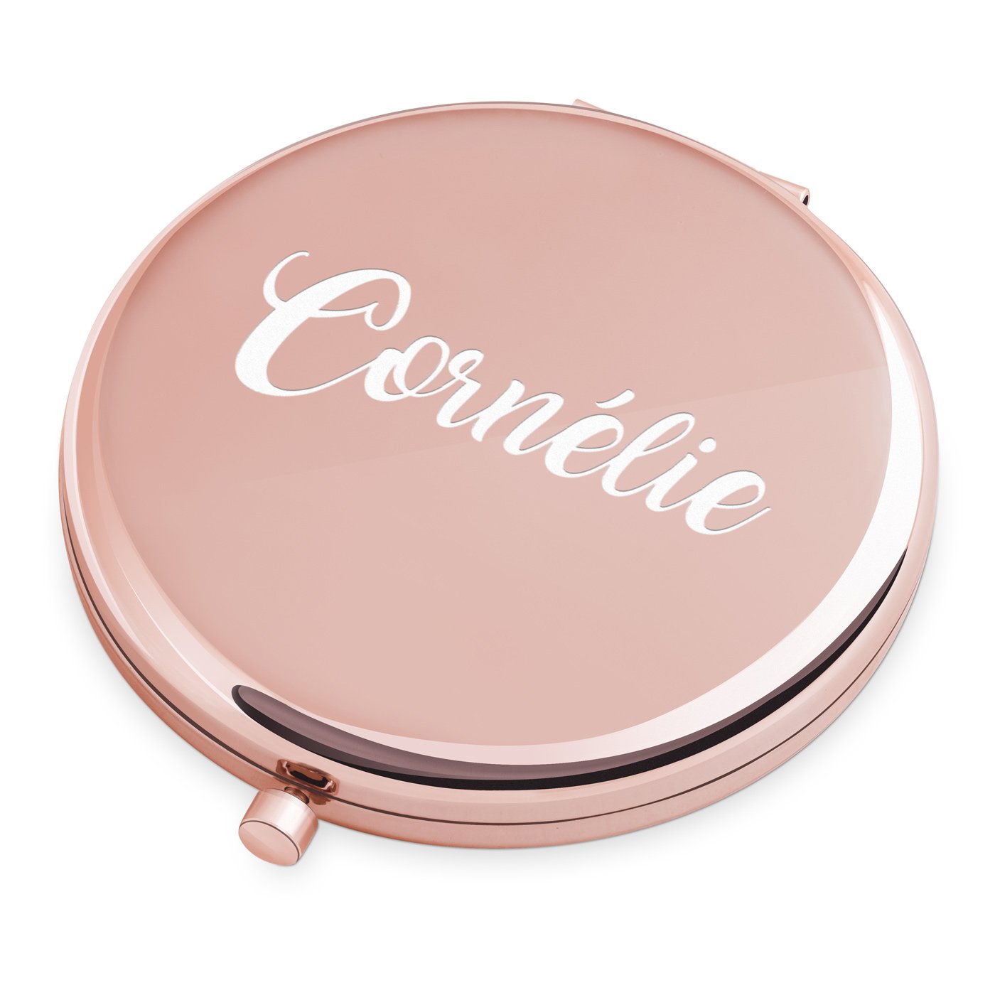 Espejo de bolsillo redondo personalizado en oro rosa de Murrano para el cumpleaños de una amiga