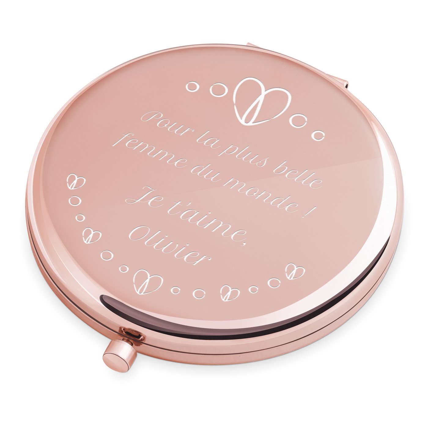Espejo de bolsillo redondo Murrano de color oro rosa con grabado para mujer, para el Día de San Valentín