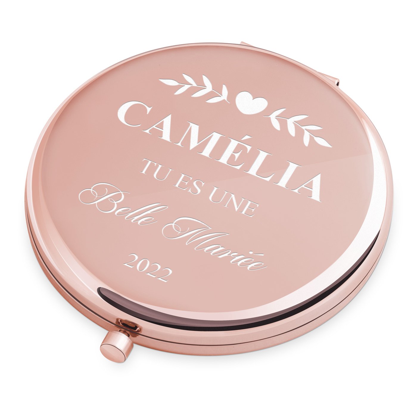 Espejo de bolsillo redondo personalizado en oro rosa de Murrano para novia