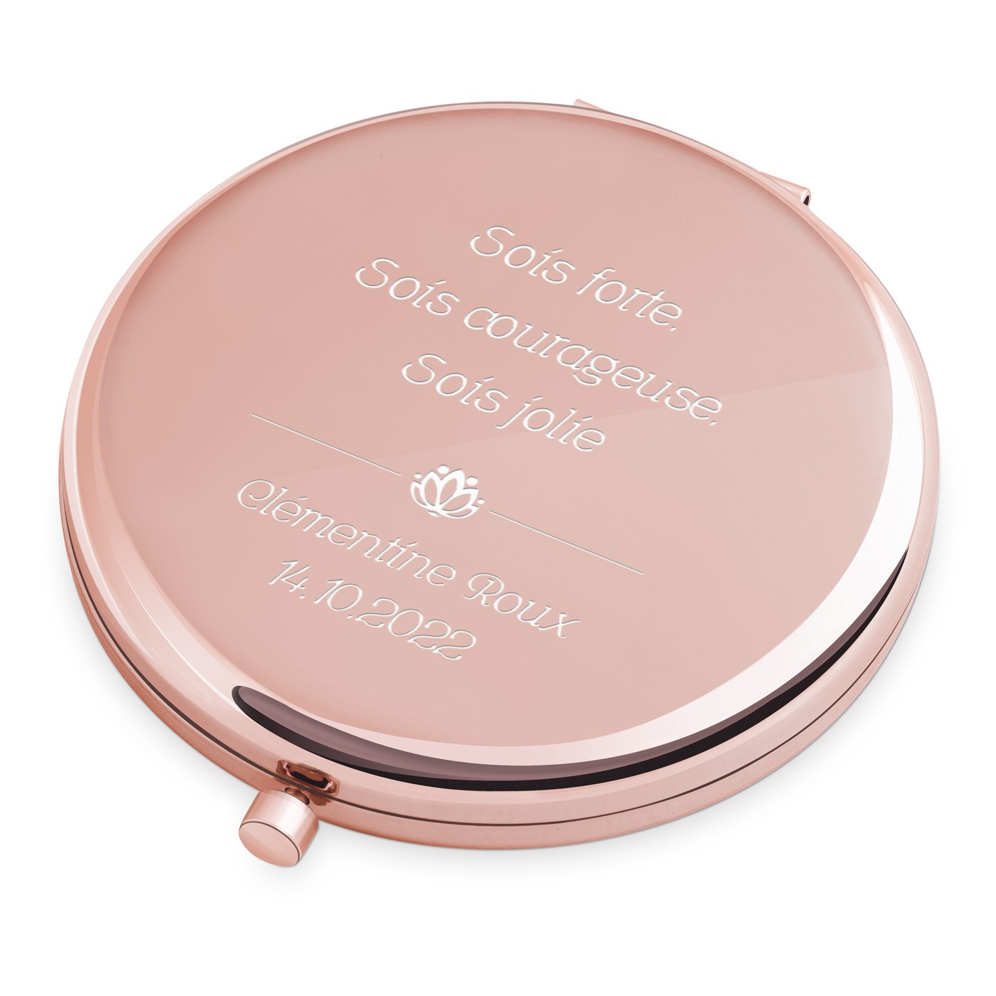 Espejo de bolsillo redondo Murrano de color oro rosa con grabado personalizado para profesoras