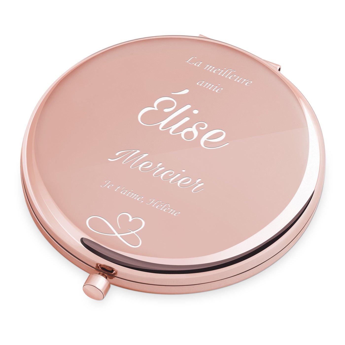 Espejo de mano redondo Murrano personalizado con grabado de rosa oro para el cumpleaños de una mejor amiga