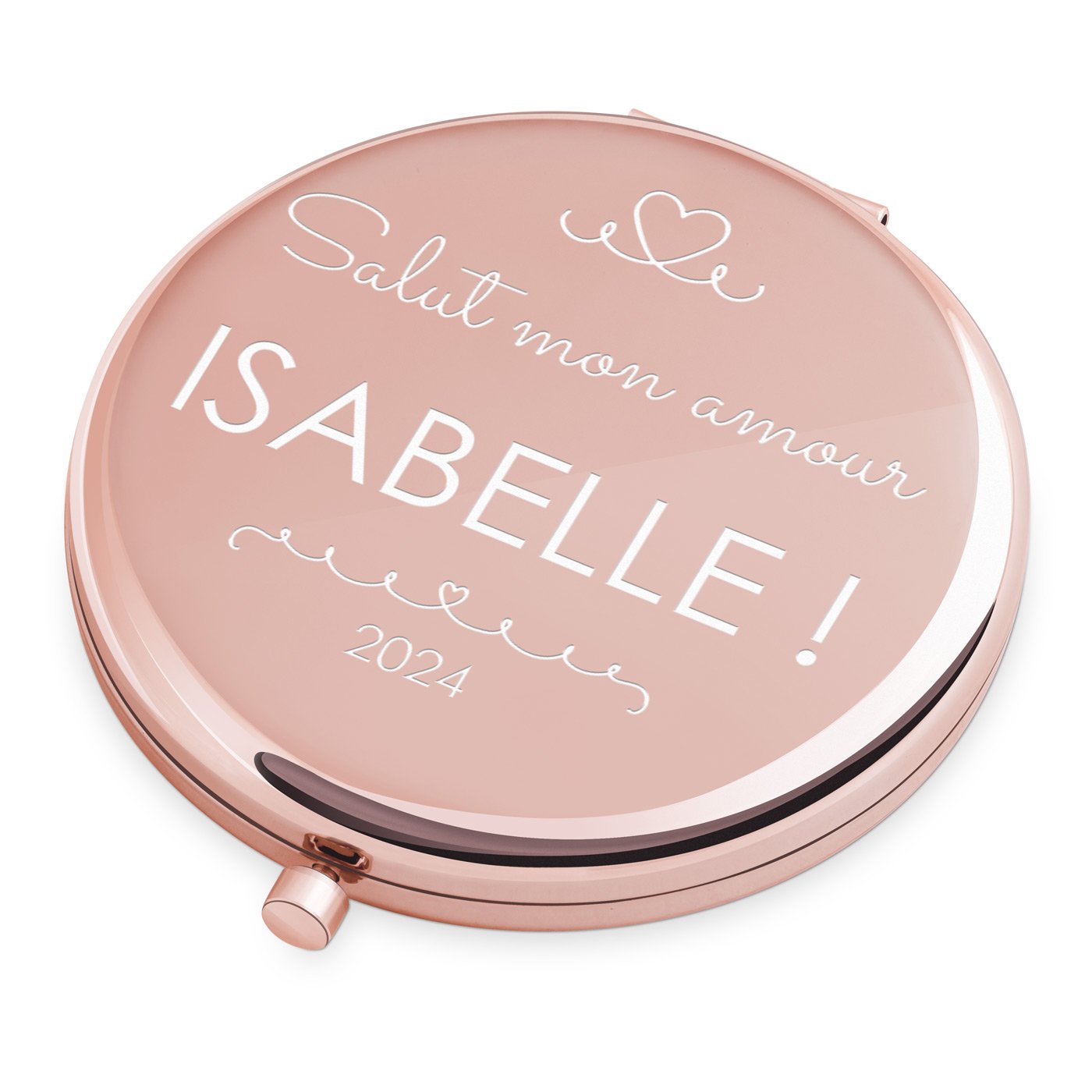 Espejo de bols redondo personalizado de Murrano con grabado en oro rosa para una prometida en el Día de San Valentín