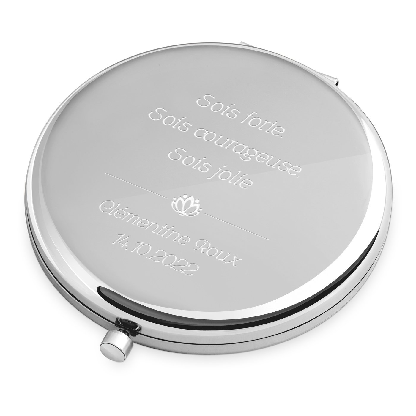 Espejo de bolsillo redondo Murrano con color plateado y grabado para profesores
