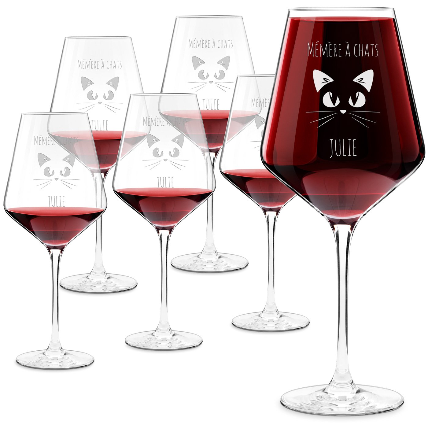Juego de 6 copas de vino Murrano Avant-Garde grabadas para una amante de los gatos