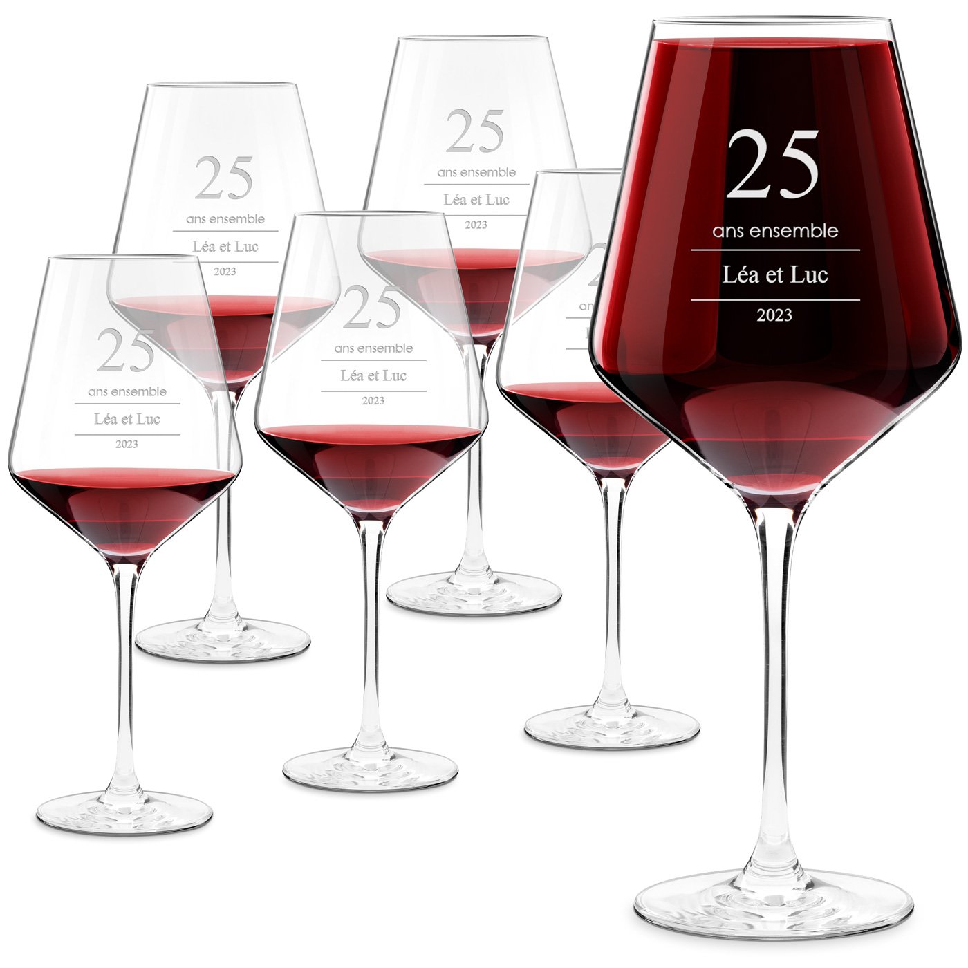Juego de 6 copas de vino Murrano Avant-Garde grabadas para el 25º aniversario de bodas