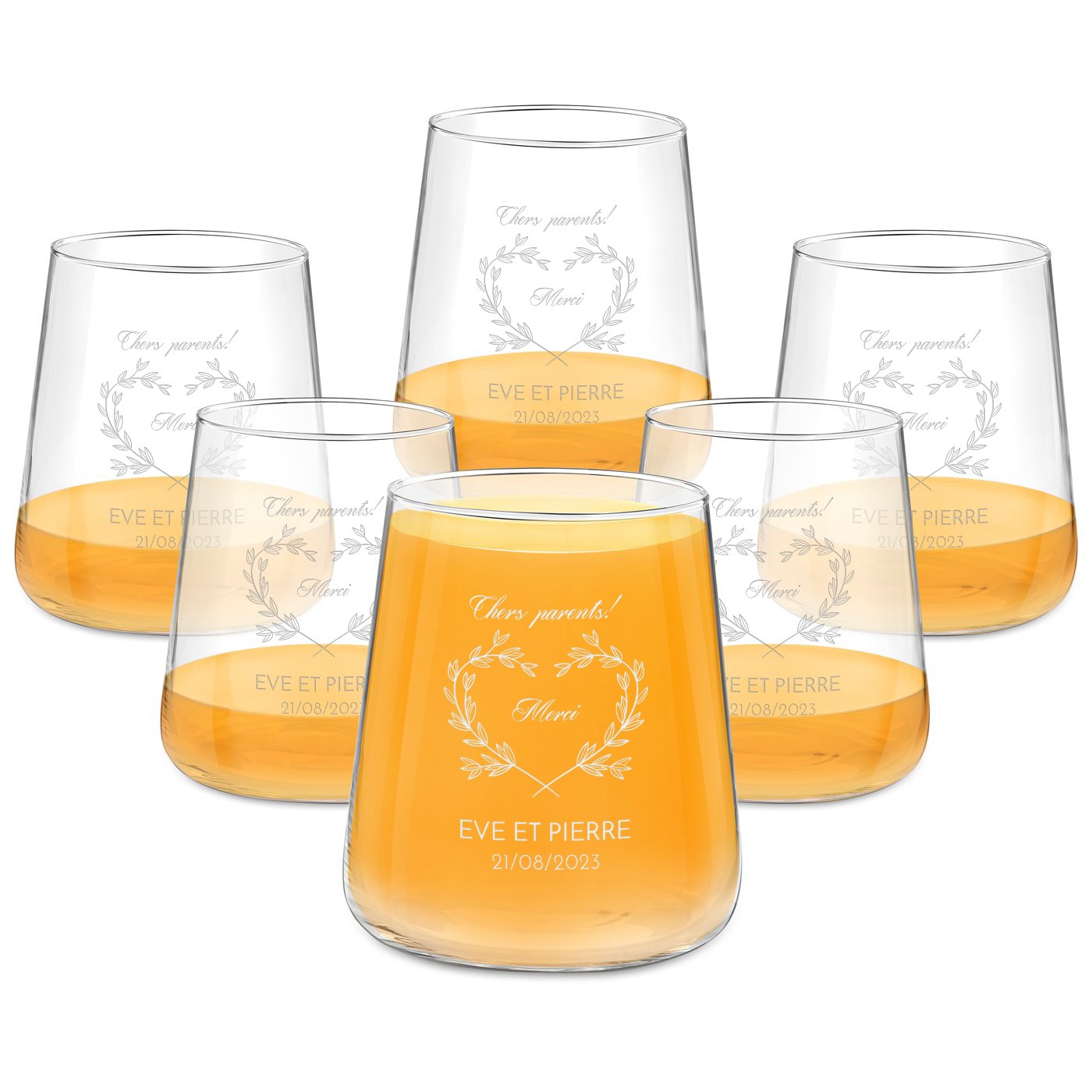 Set de 6 vasos personalizados Murrano para padres - regalo de agradecimiento de boda