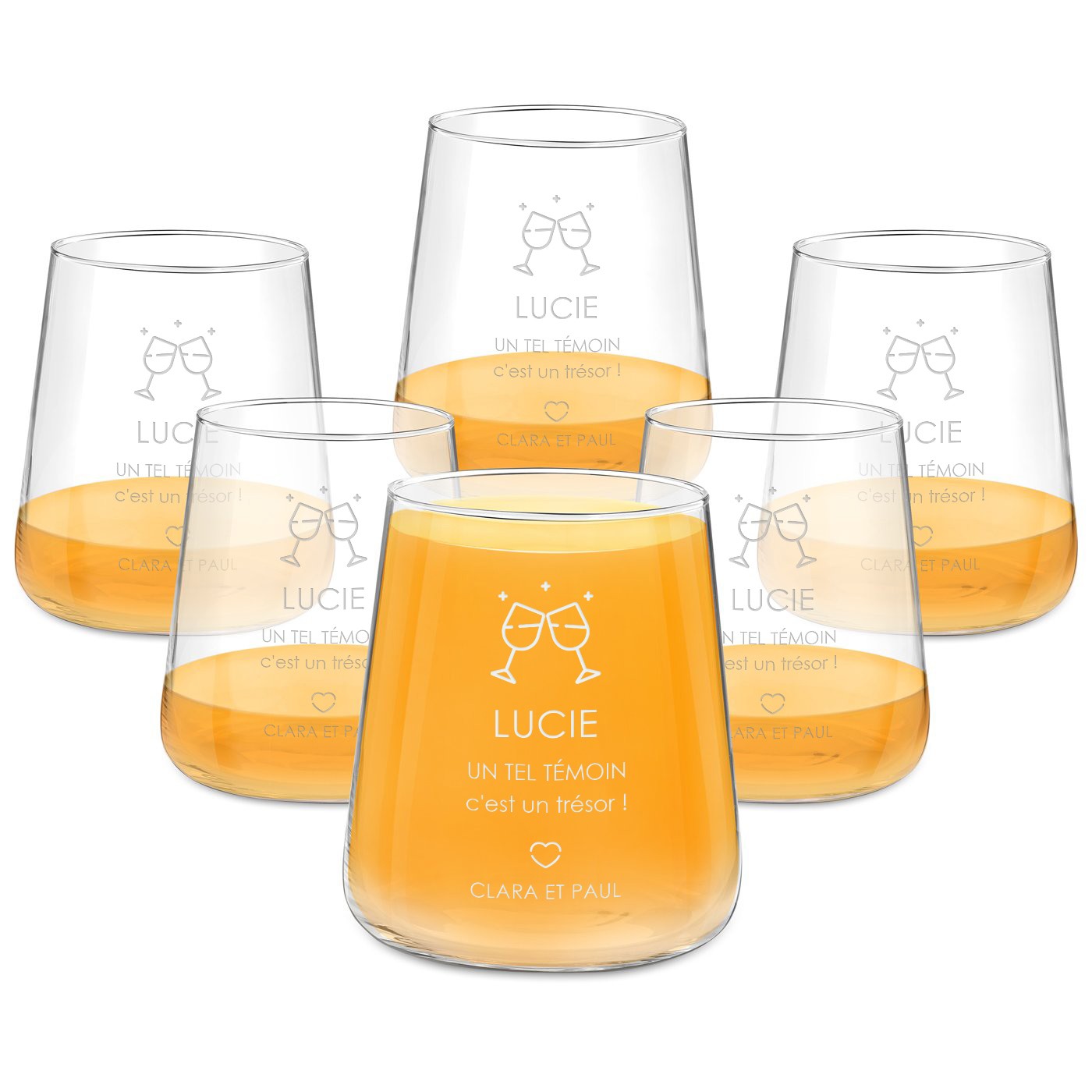 Set de 6 vasos grabados personalizados Murrano para una dama de honor de boda