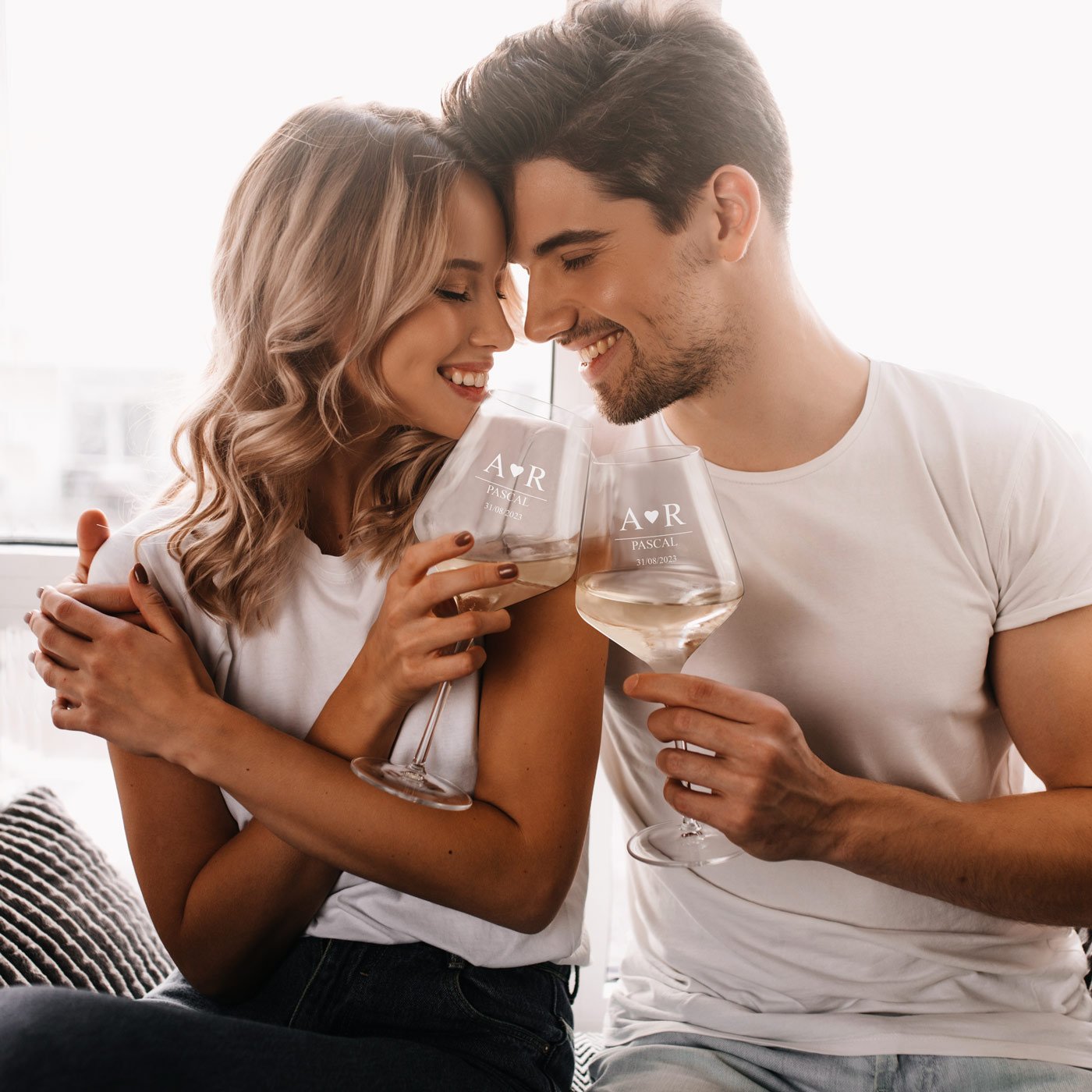 Copas de vino Murrano DE PUNTO DE VISTA grabadas para bodas con iniciales