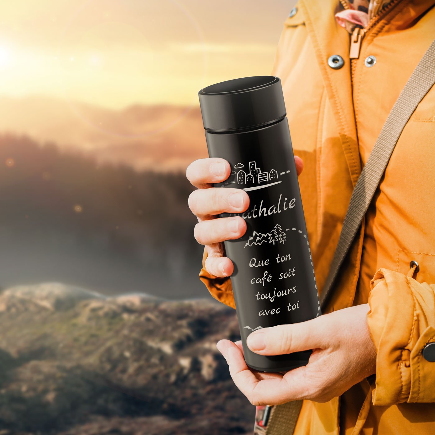 Botella Aislante Negra Murrano con Pantalla LED para Apasionada del Café