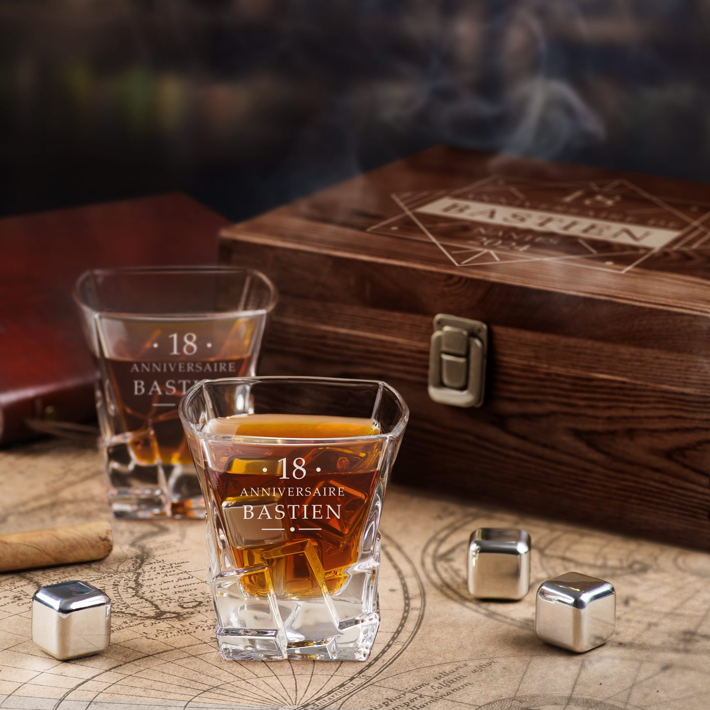 Murrano Whisky Stones Set with Engraved Glasses in Custom Box for a Young Man's 18th Birthday