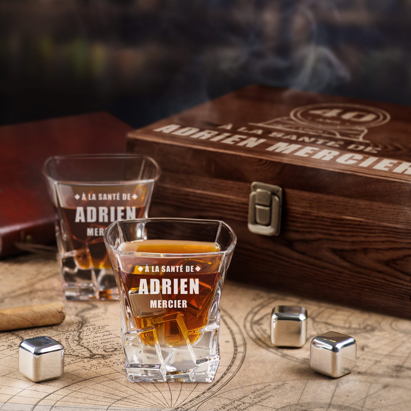 Murrano Whisky Stones Set with Engraved Glasses in Custom Box for Men's 40th Birthday