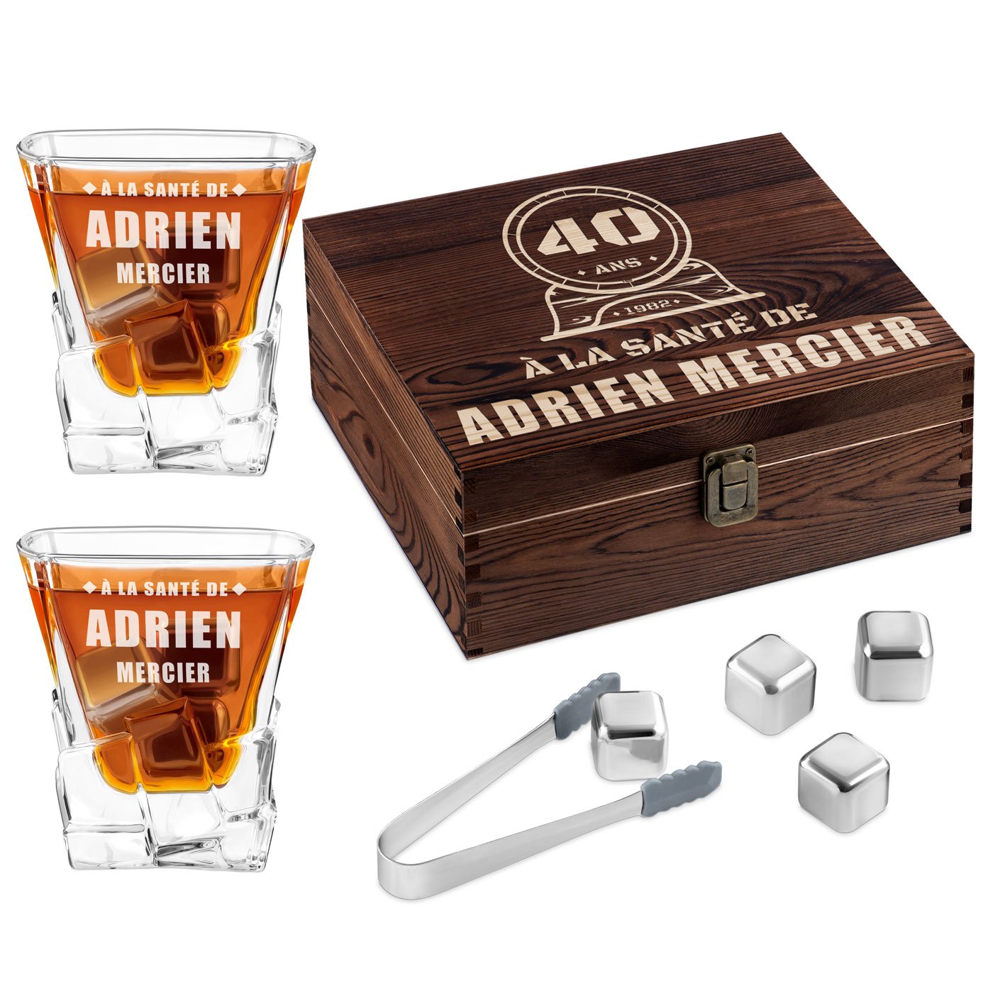 Murrano Whisky Stones Set with Engraved Glasses in Custom Box for Men's 40th Birthday