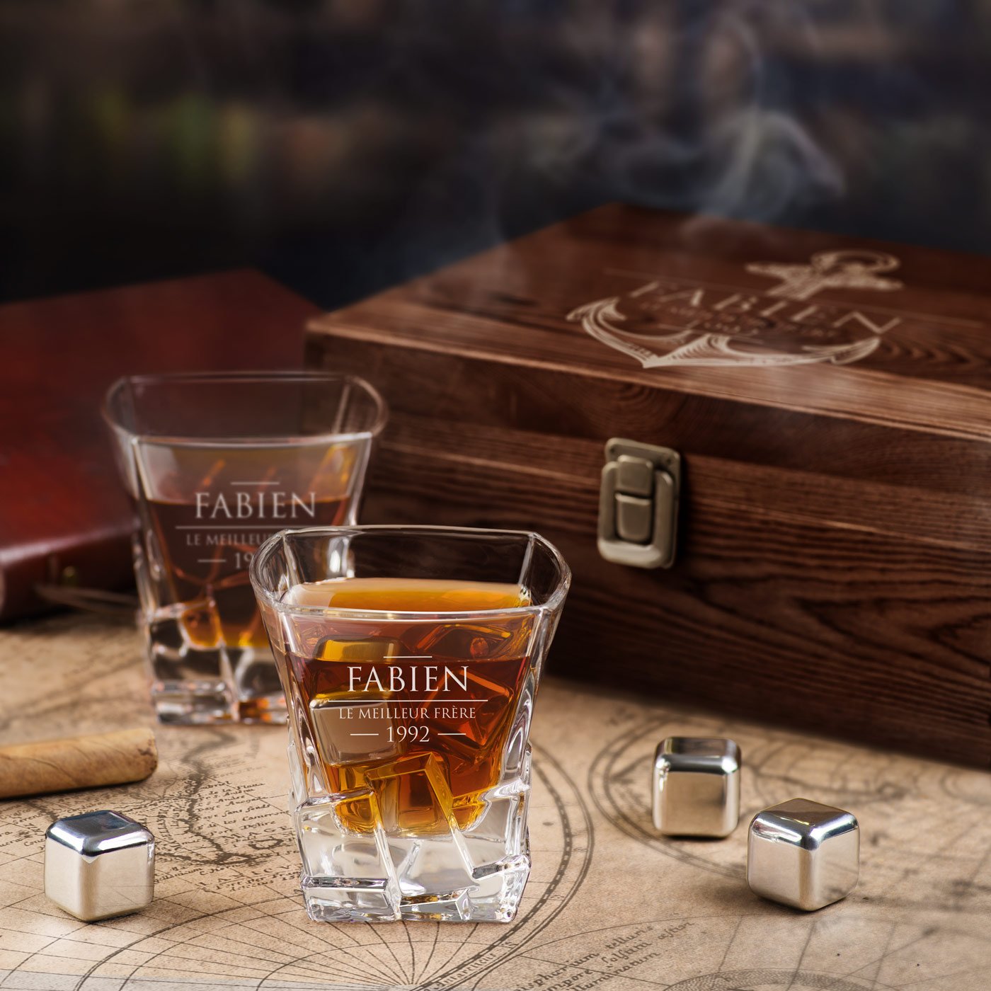 Murrano Whisky Stones Set with Engraved Glasses in Custom Box