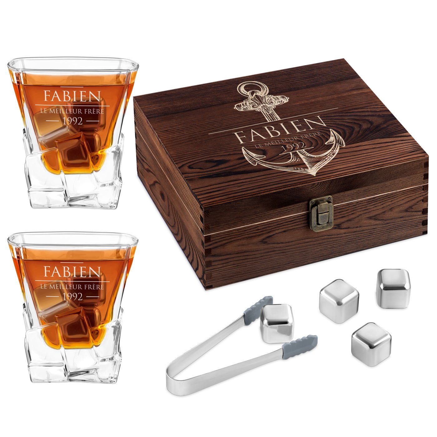 Murrano Whisky Stones Set with Engraved Glasses in Custom Box