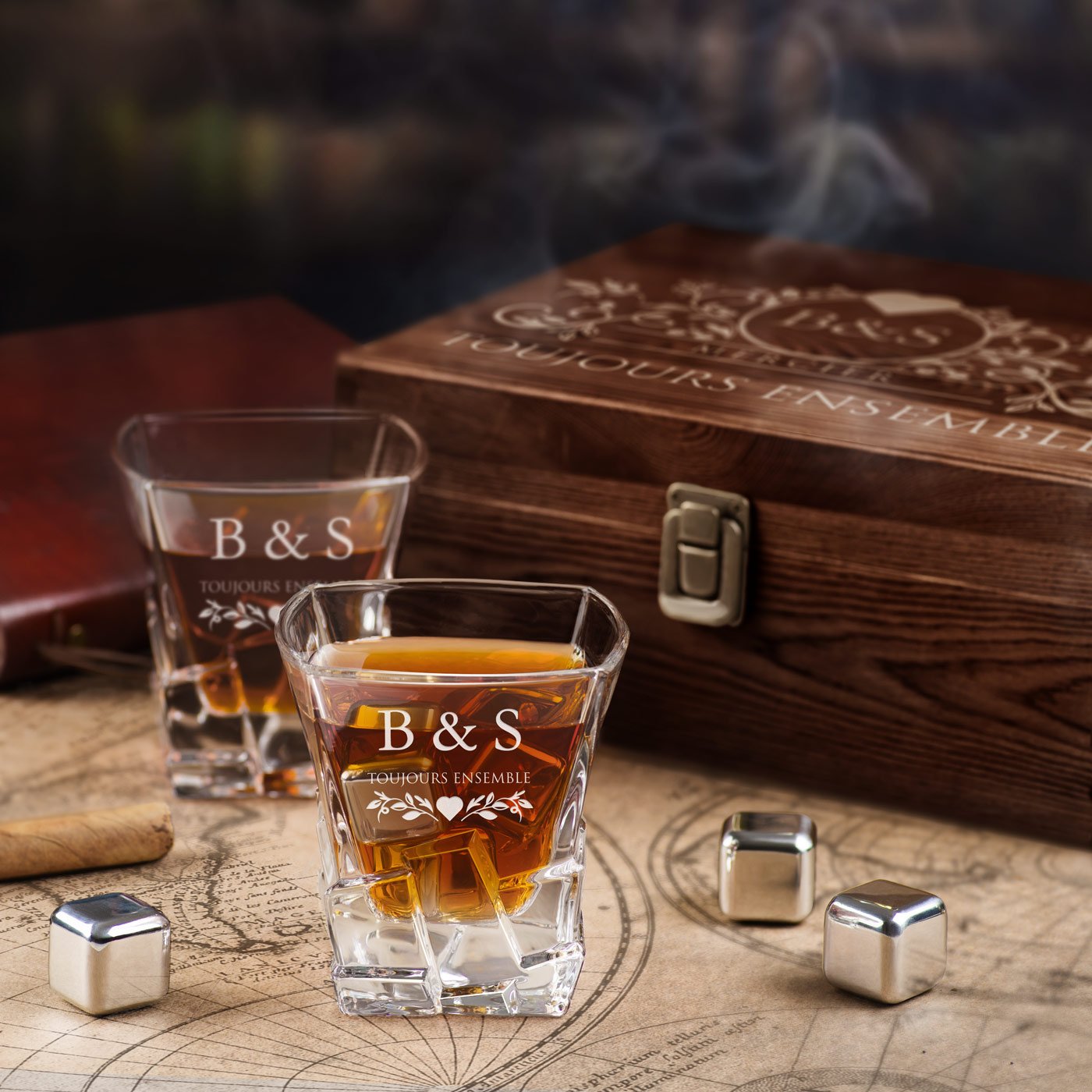 Murrano Whisky Stones Set with Engraved Glasses for a Couple - Wedding Gift
